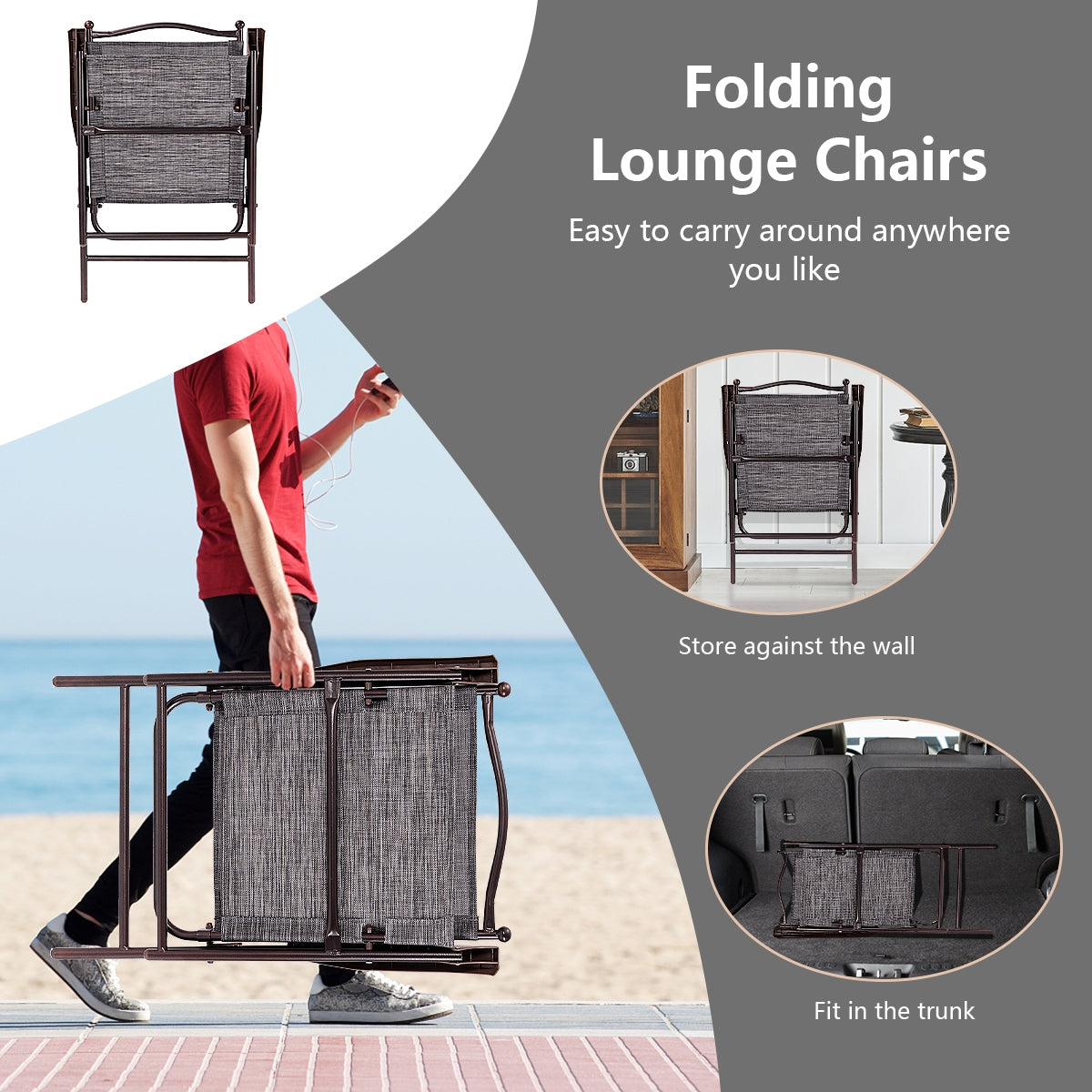 Set of 2 Patio Folding Sling Back Camping Deck Chairs-GrayÂ