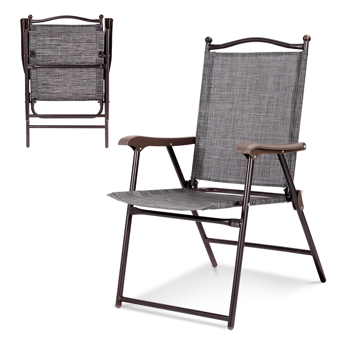 Set of 2 Patio Folding Sling Back Camping Deck Chairs-GrayÂ
