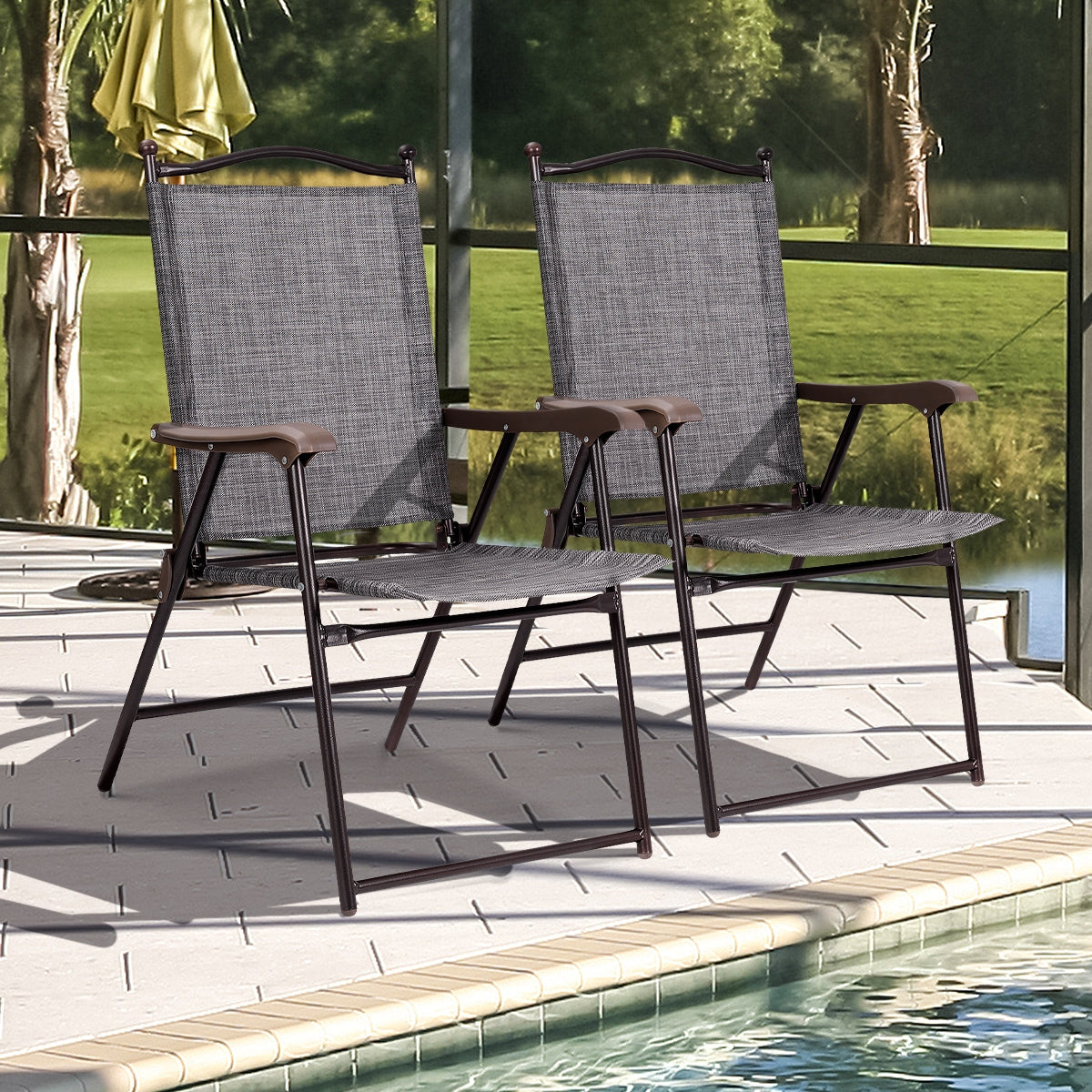 Set of 2 Patio Folding Sling Back Camping Deck Chairs-GrayÂ