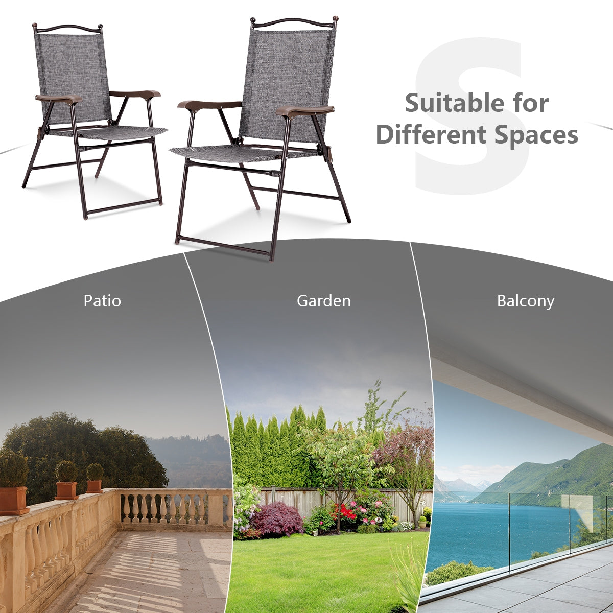 Set of 2 Patio Folding Sling Back Camping Deck Chairs-GrayÂ