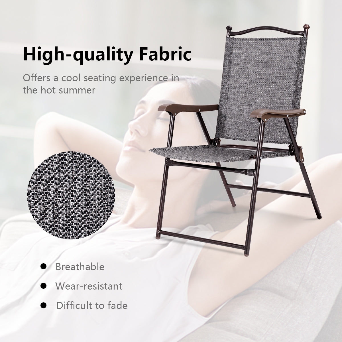 Set of 2 Patio Folding Sling Back Camping Deck Chairs-GrayÂ