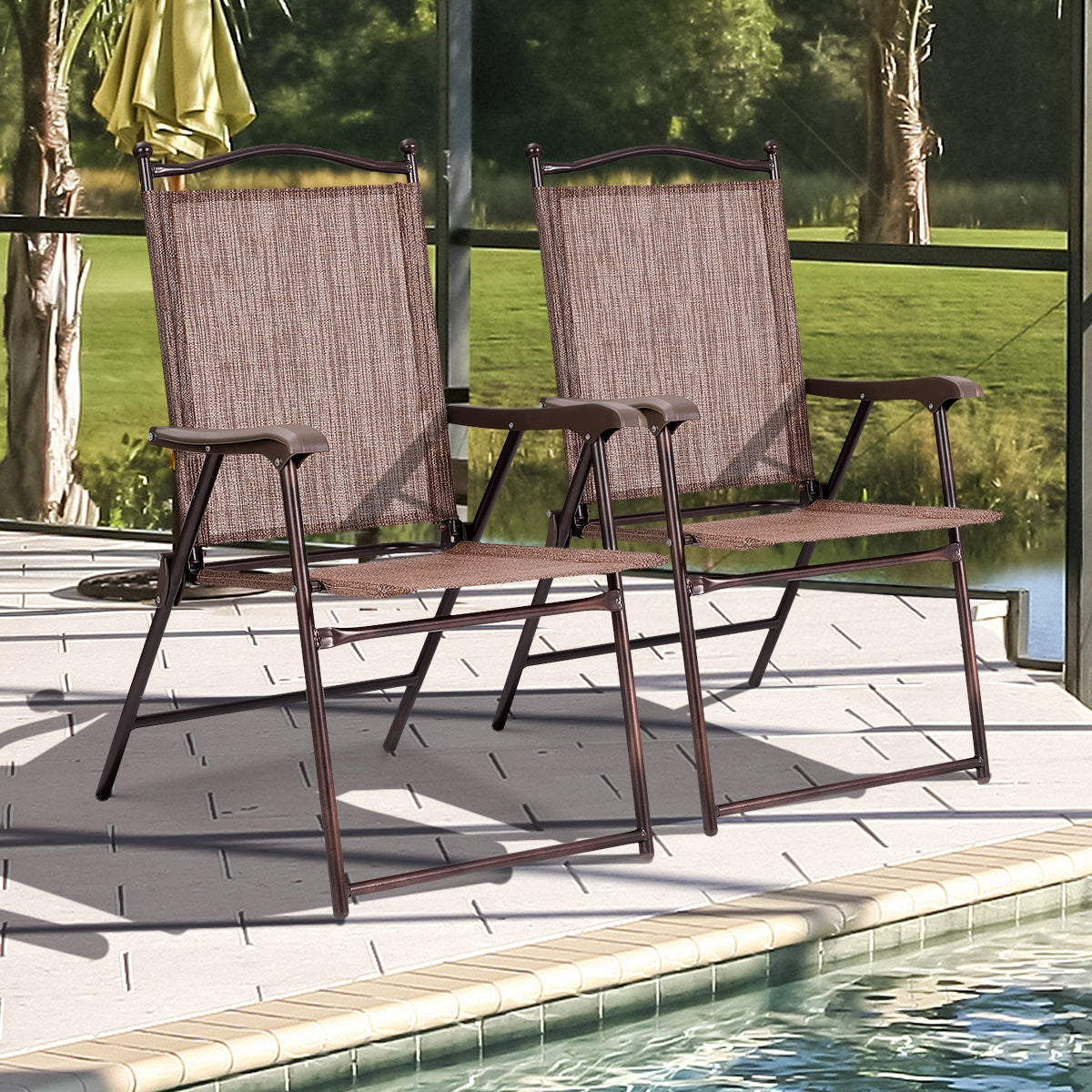Set of 2 Patio Folding Sling Back Camping Deck Chairs-CoffeeÂ