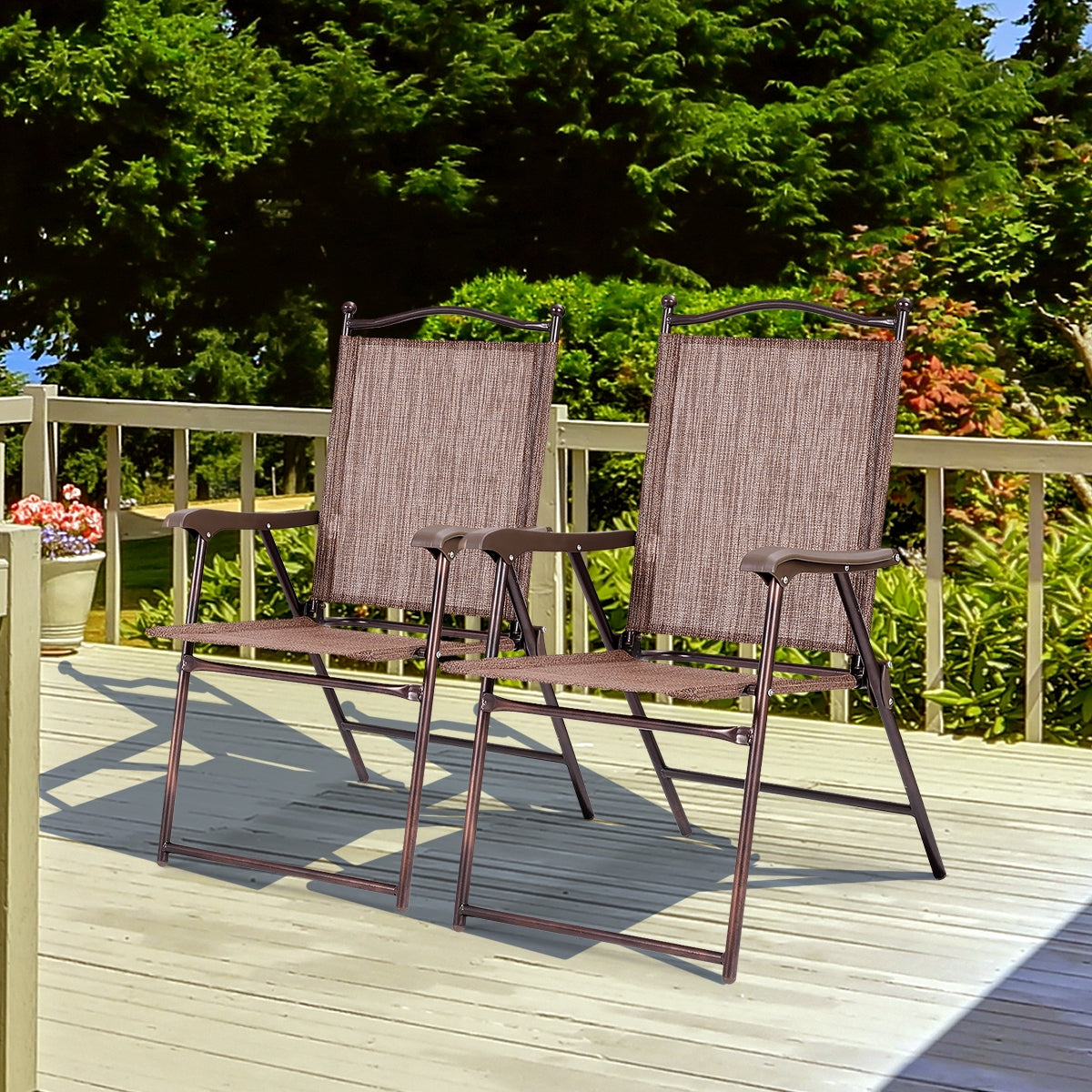 Set of 2 Patio Folding Sling Back Camping Deck Chairs-CoffeeÂ
