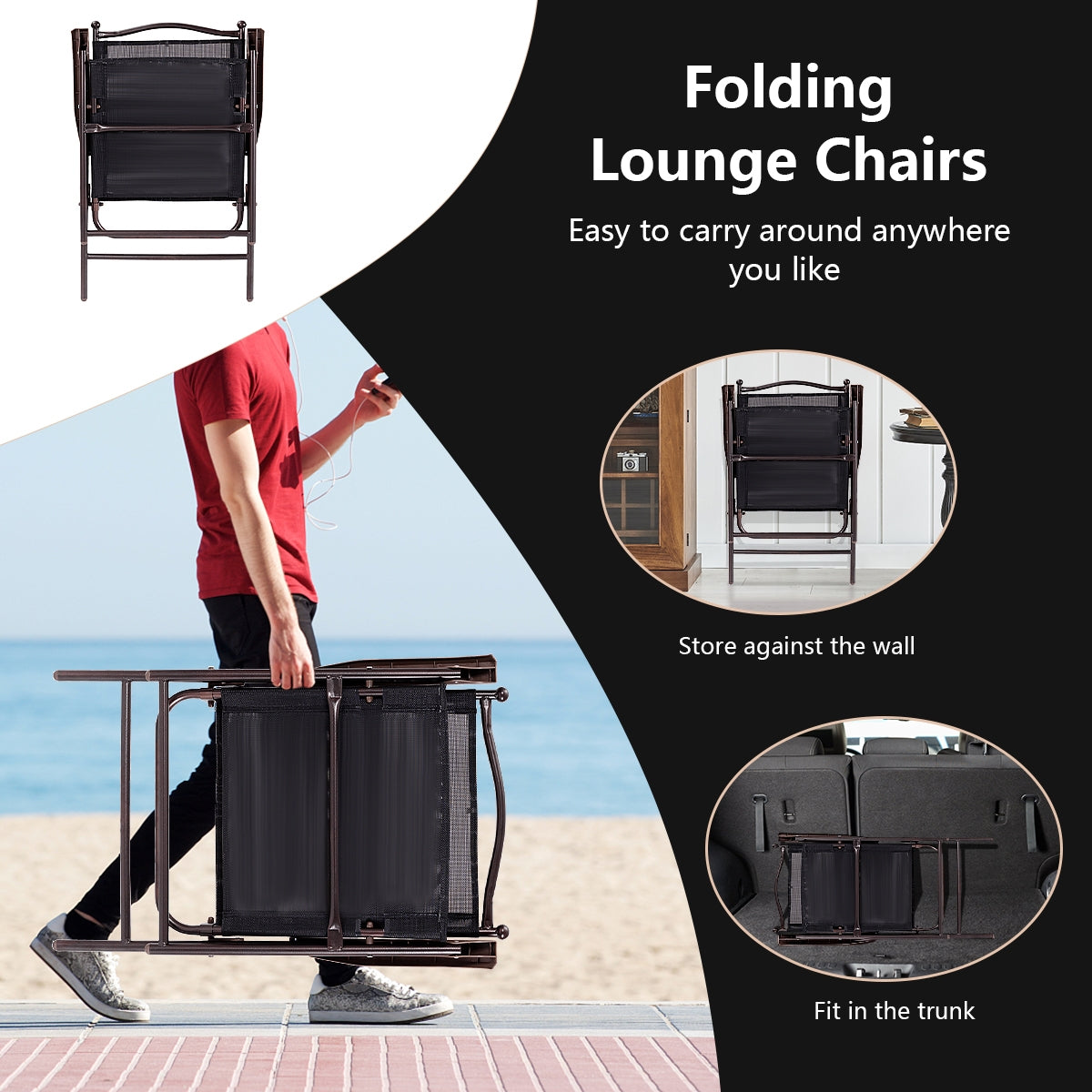 Set of 2 Patio Folding Sling Back Camping Deck Chairs-BlackÂ