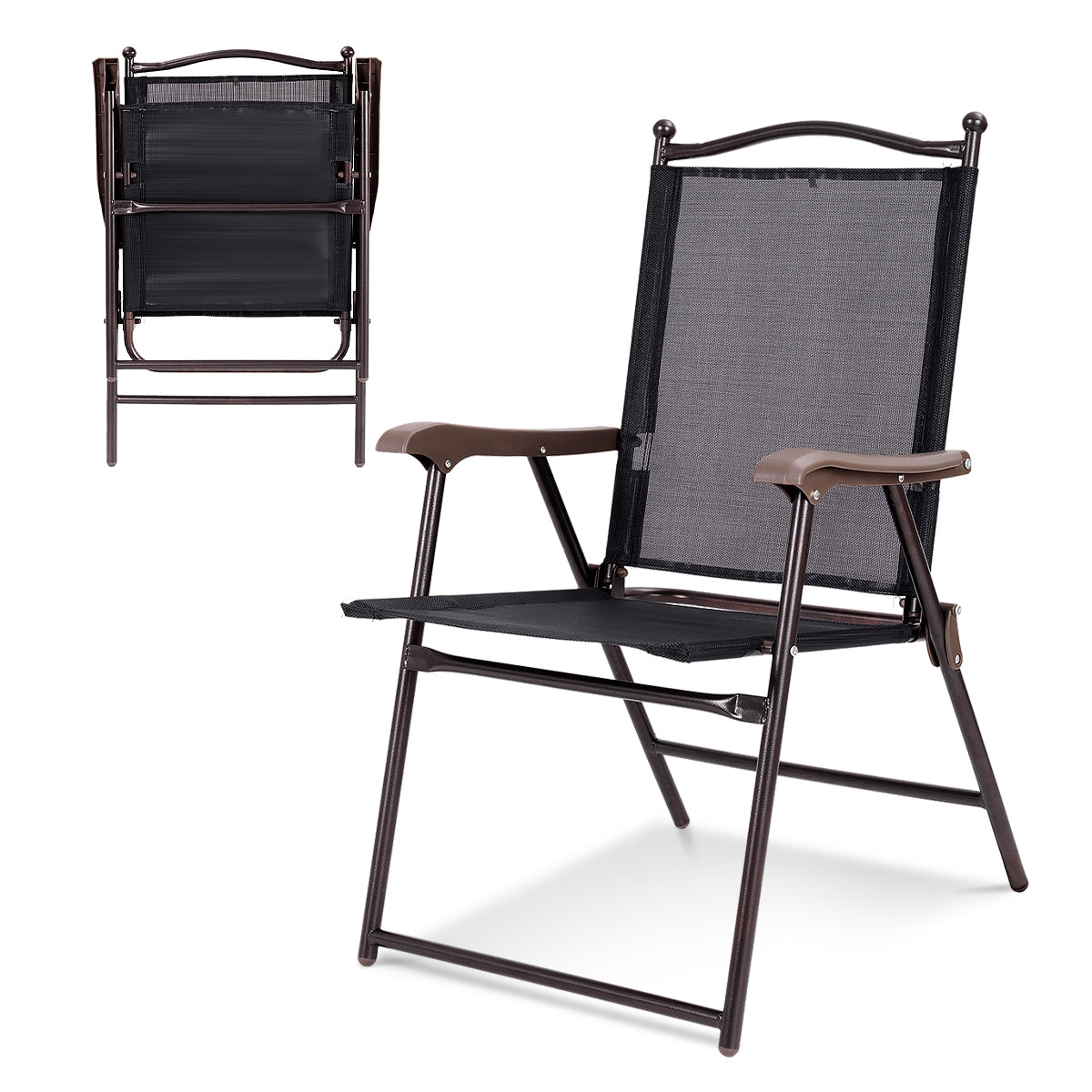 Set of 2 Patio Folding Sling Back Camping Deck Chairs-BlackÂ