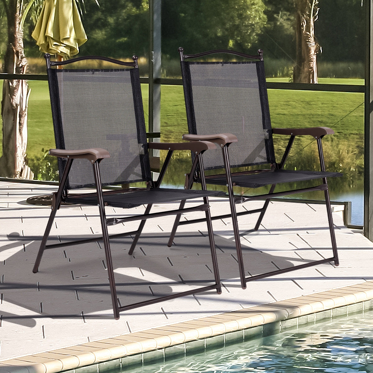 Set of 2 Patio Folding Sling Back Camping Deck Chairs-BlackÂ