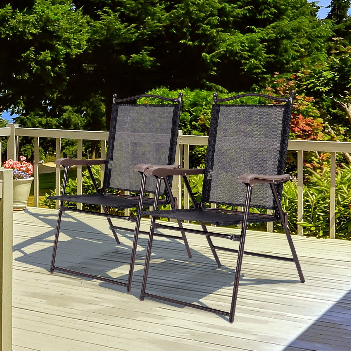 Set of 2 Patio Folding Sling Back Camping Deck Chairs-BlackÂ