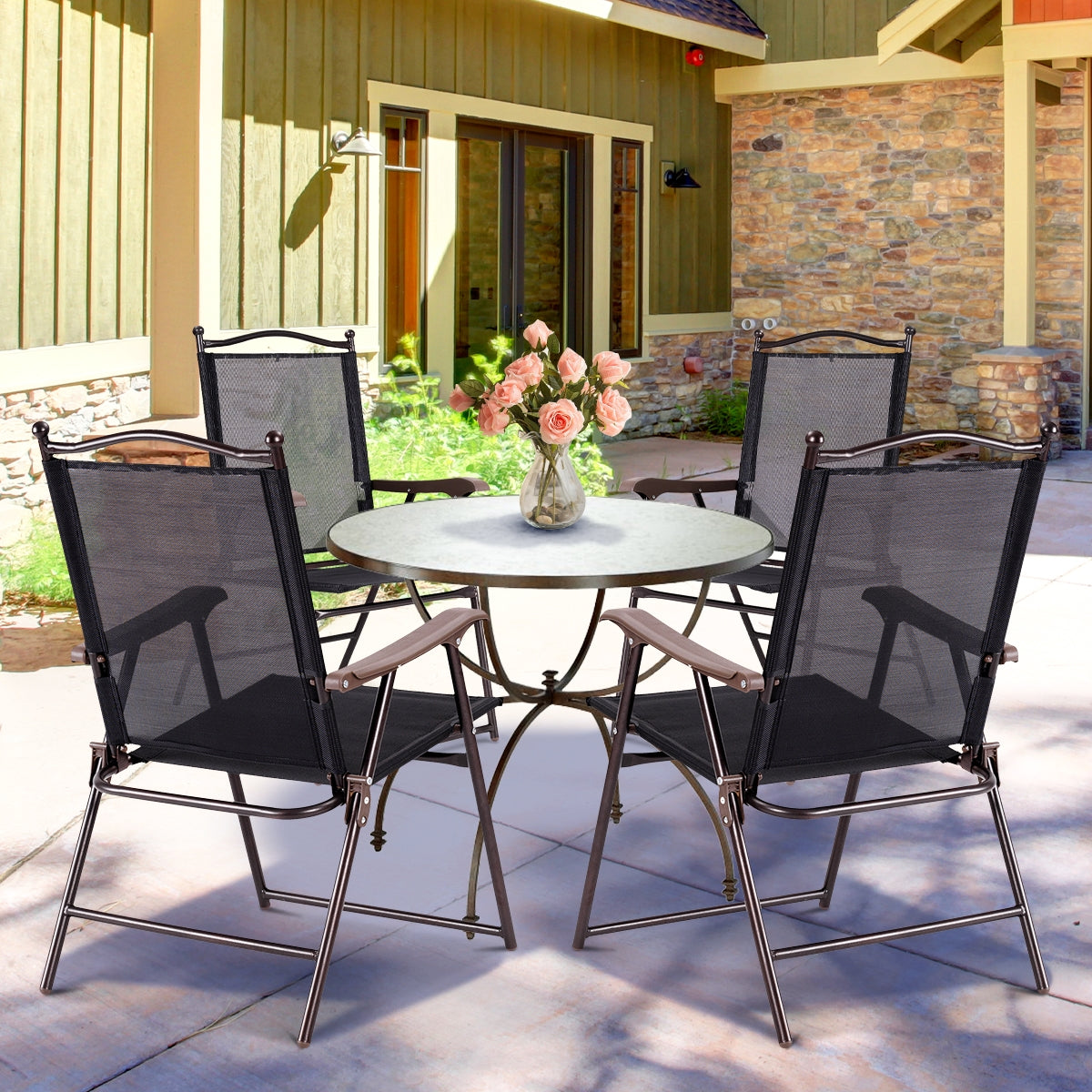 Set of 2 Patio Folding Sling Back Camping Deck Chairs-BlackÂ