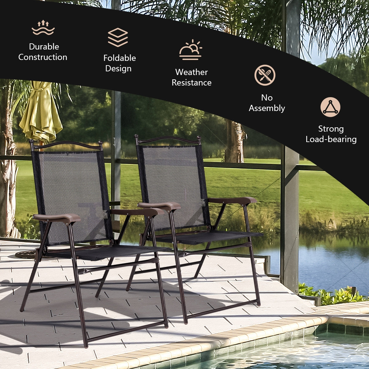 Set of 2 Patio Folding Sling Back Camping Deck Chairs-BlackÂ