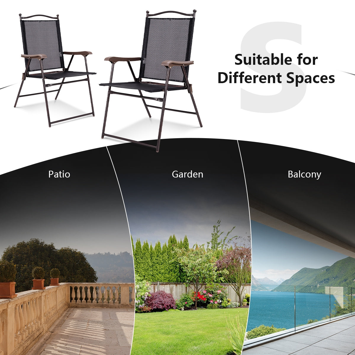 Set of 2 Patio Folding Sling Back Camping Deck Chairs-BlackÂ