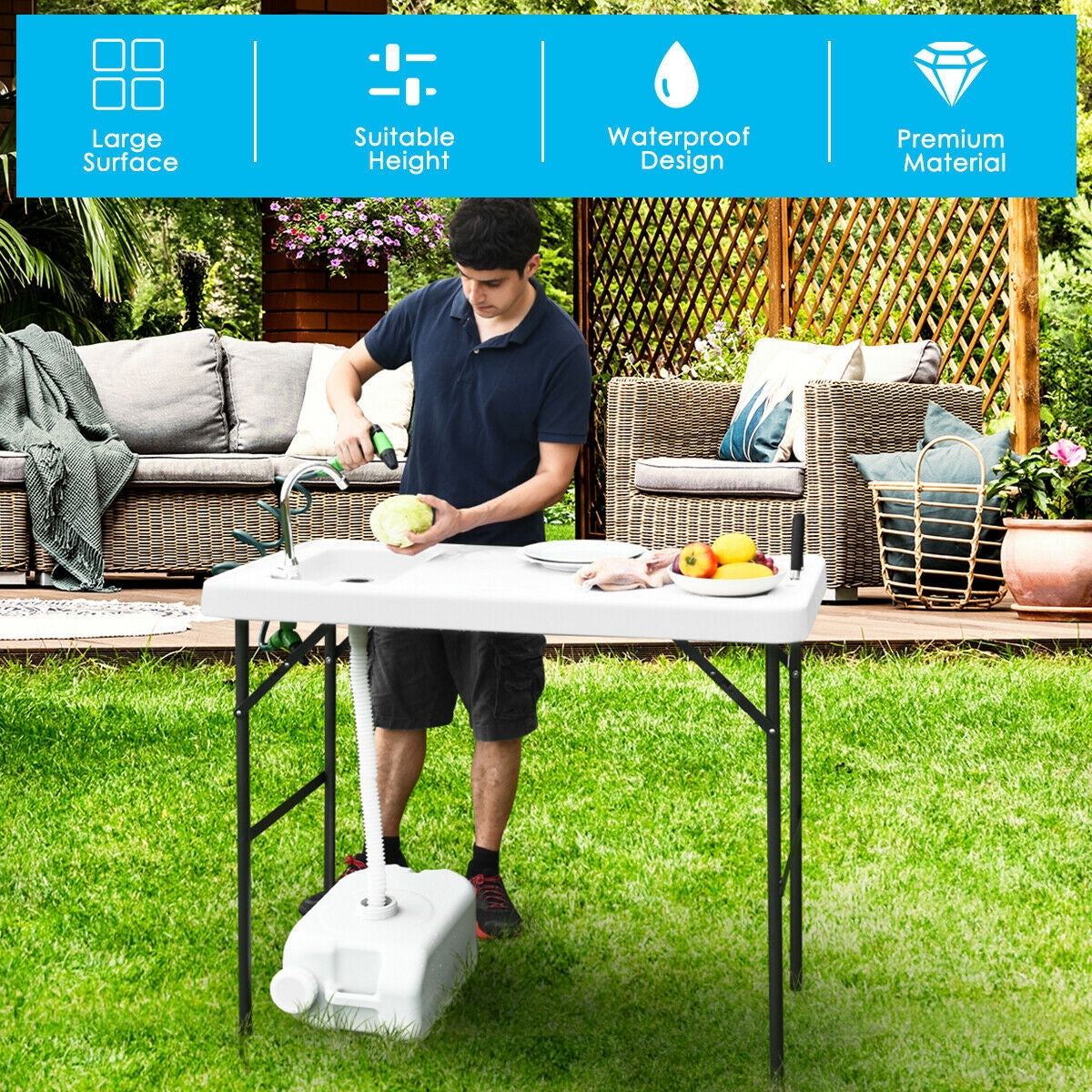 Folding Cleaning Sink Faucet Cutting Camping Table with SprayerÂ