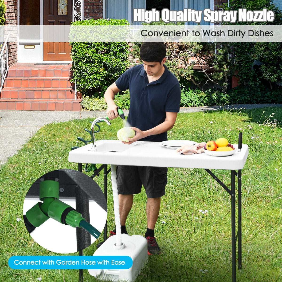 Folding Cleaning Sink Faucet Cutting Camping Table with SprayerÂ