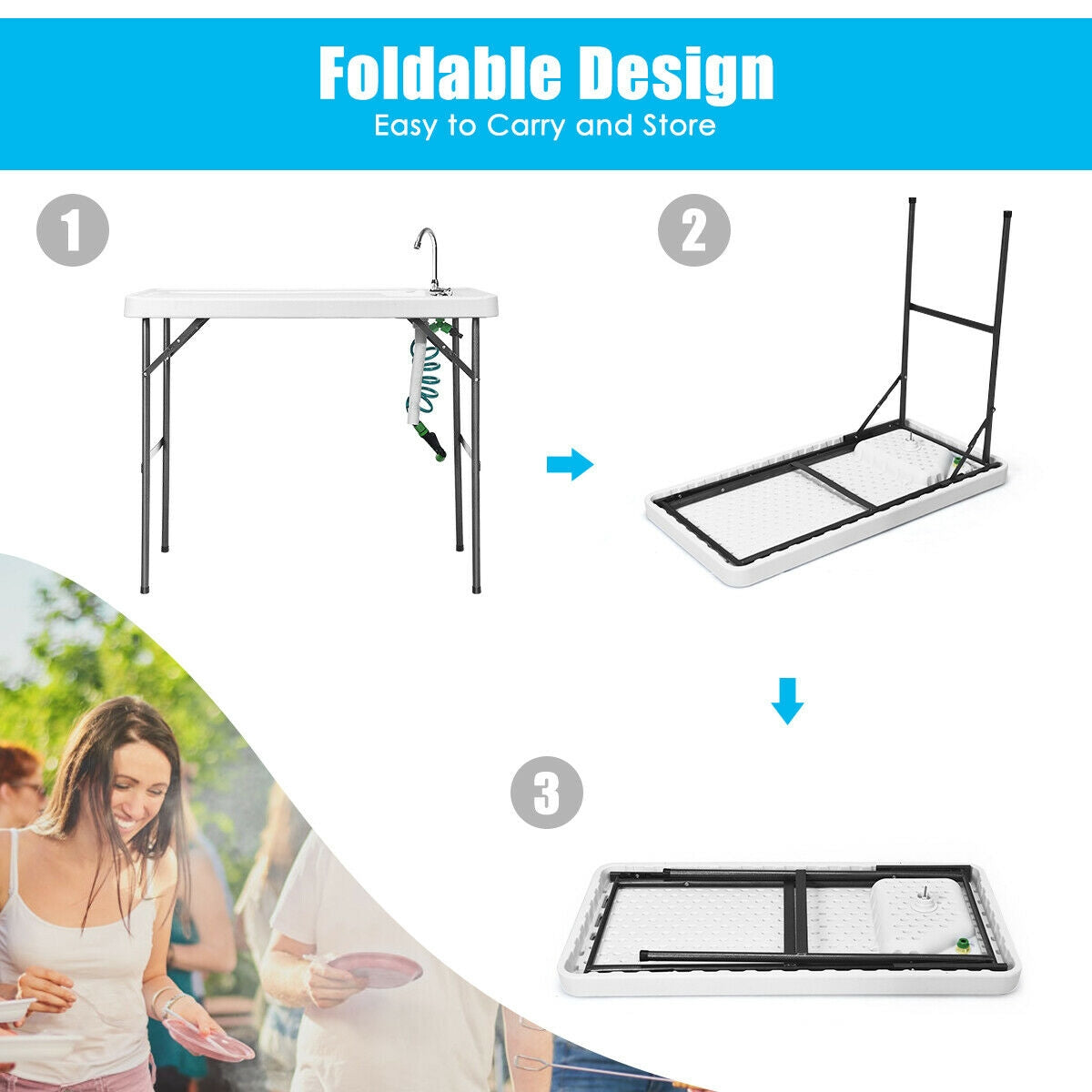 Folding Cleaning Sink Faucet Cutting Camping Table with SprayerÂ
