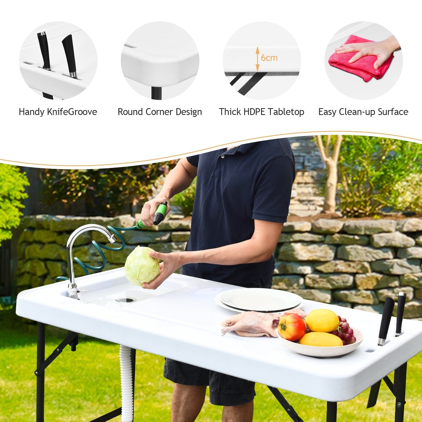 Folding Cleaning Sink Faucet Cutting Camping Table with SprayerÂ