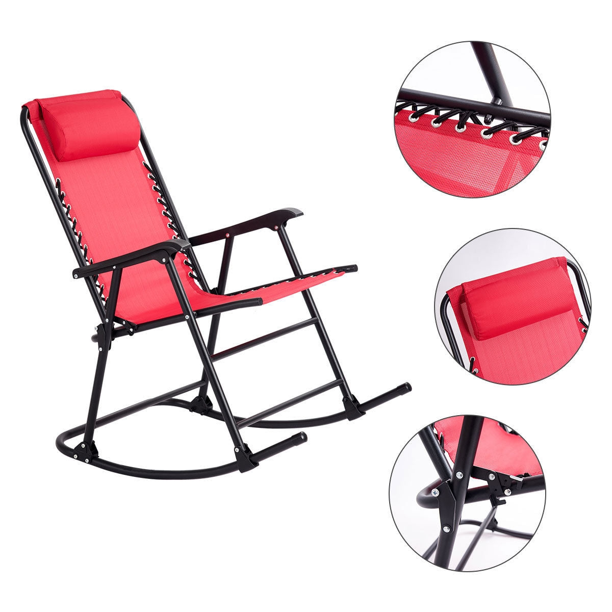 Outdoor Patio Headrest Folding Zero Gravity Rocking Chair-RedÂ
