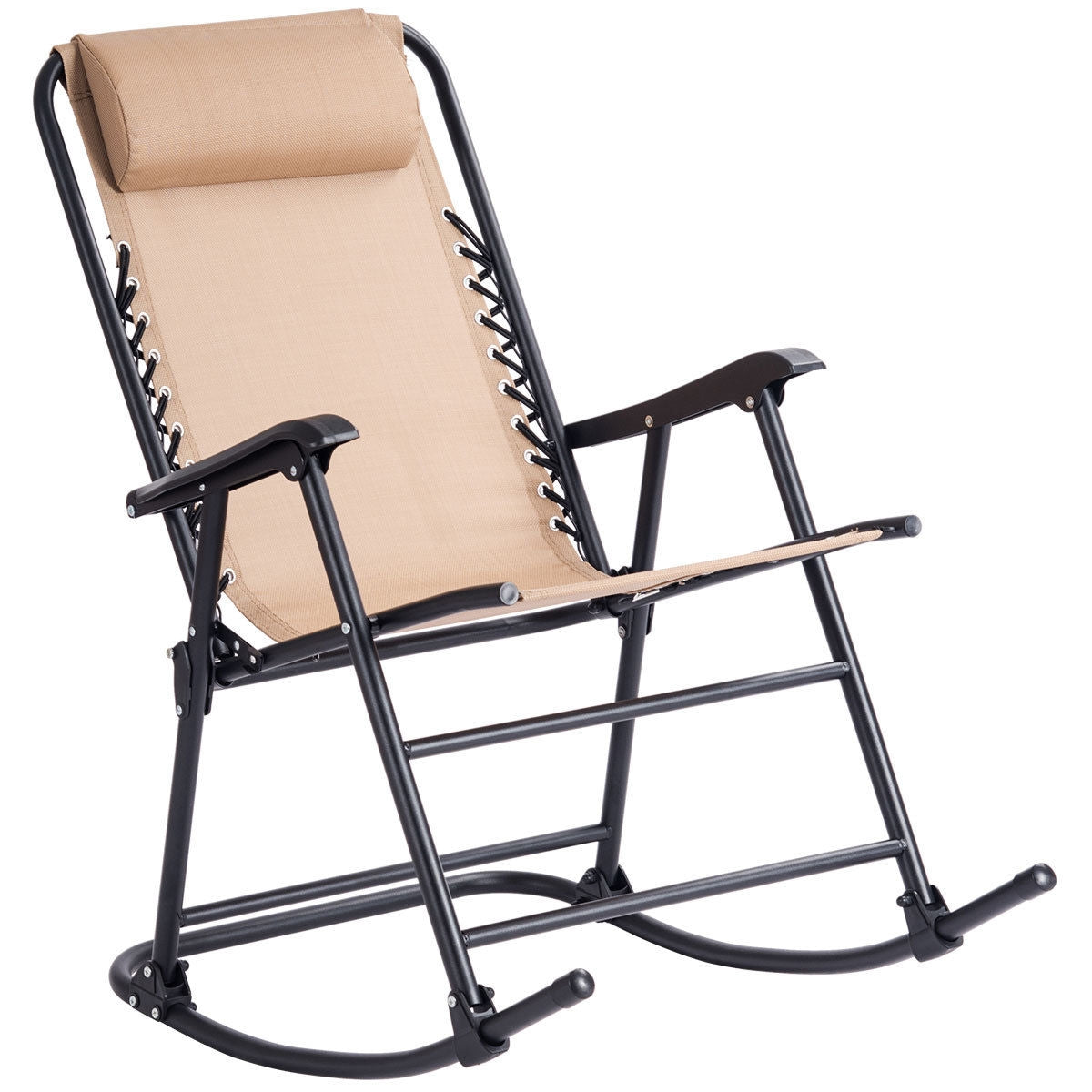Outdoor Patio Headrest Folding Zero Gravity Rocking Chair-BeigeÂ