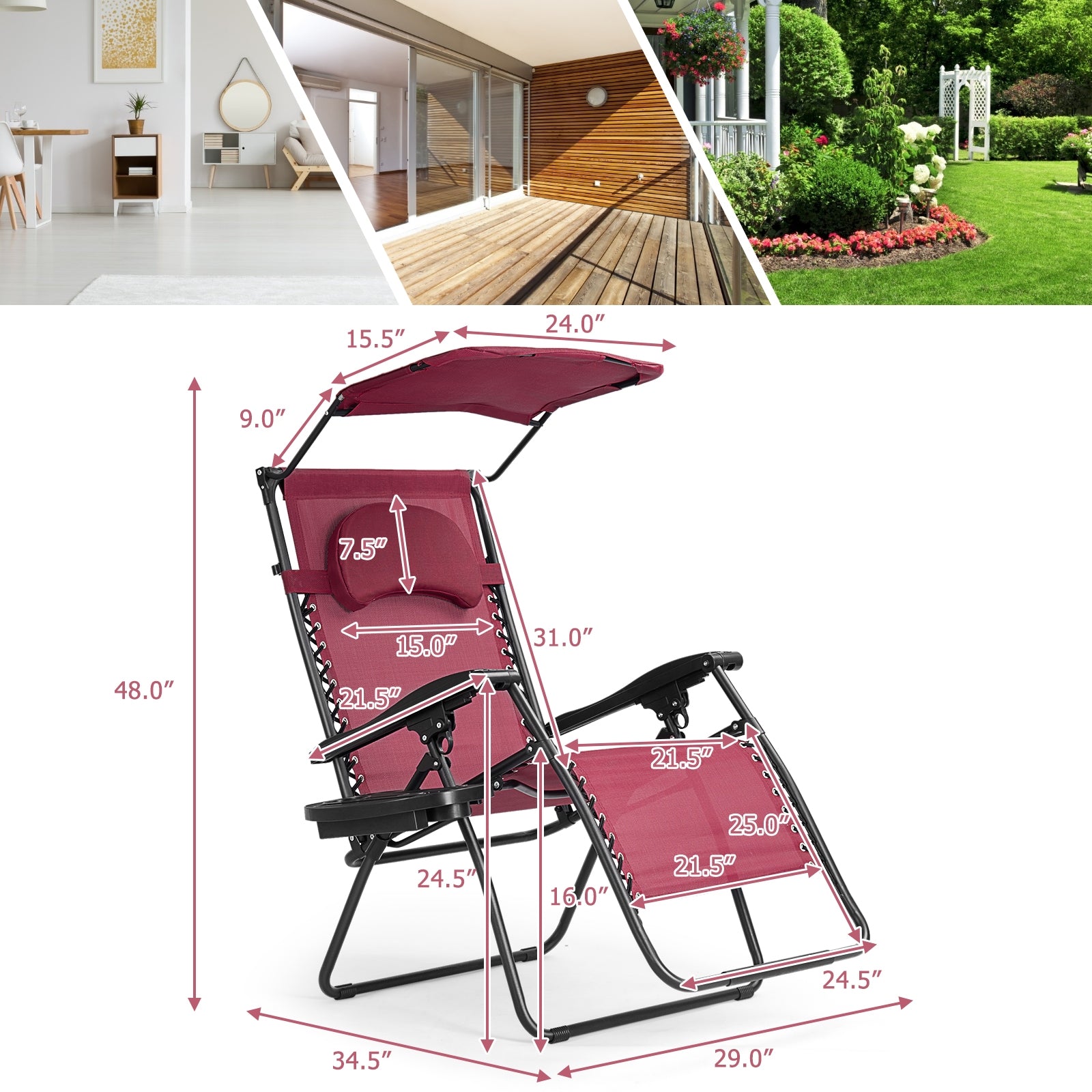 Folding Recliner Lounge Chair w/ Shade Canopy Cup Holder-WineÂ