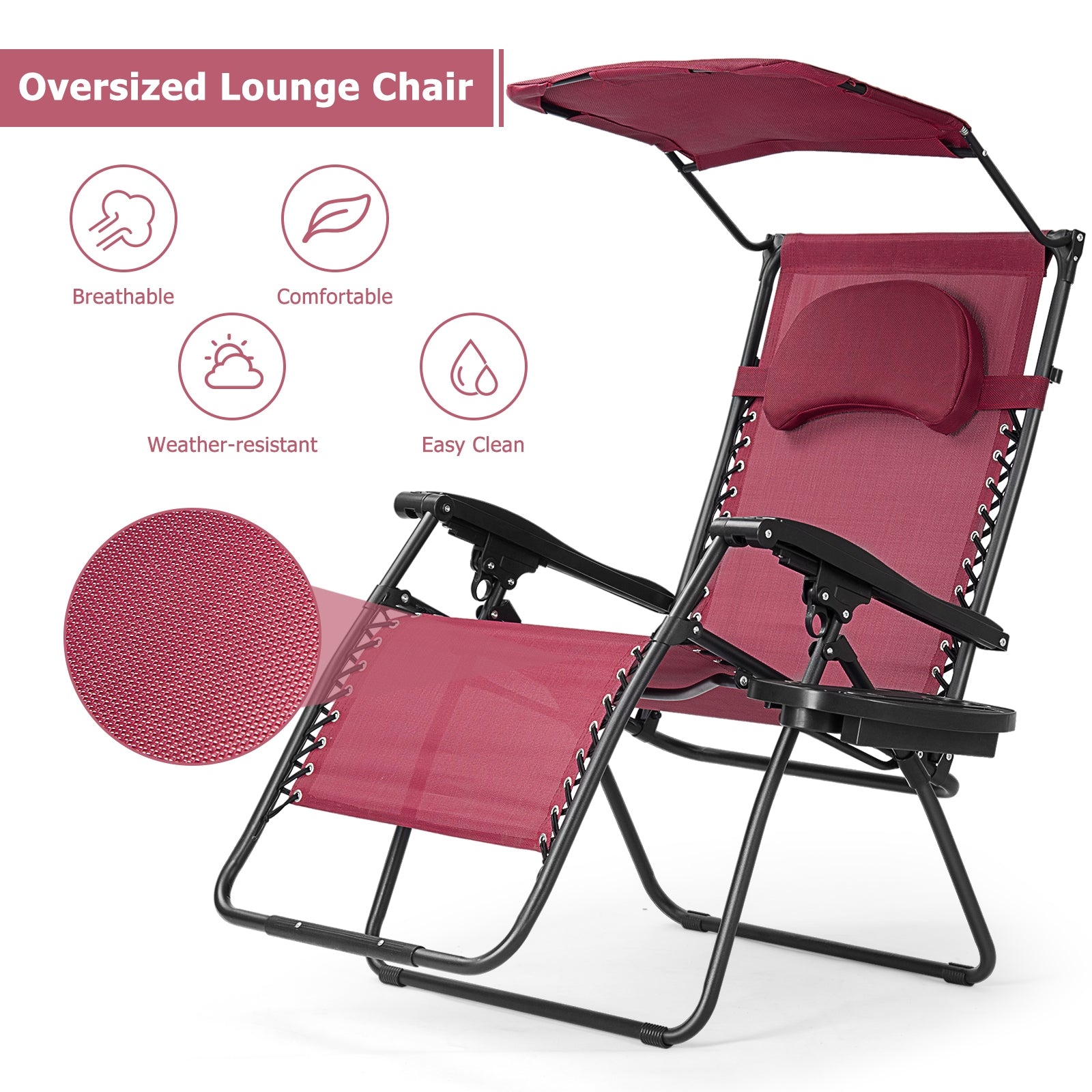 Folding Recliner Lounge Chair w/ Shade Canopy Cup Holder-WineÂ