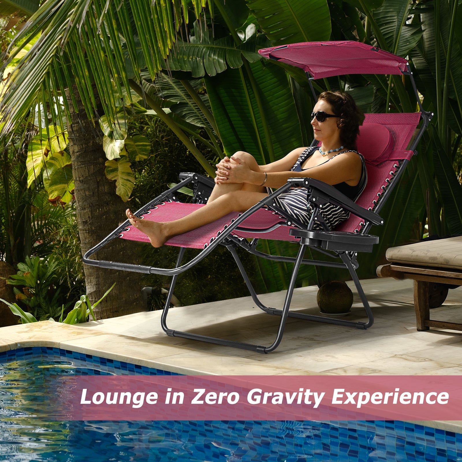Folding Recliner Lounge Chair w/ Shade Canopy Cup Holder-WineÂ