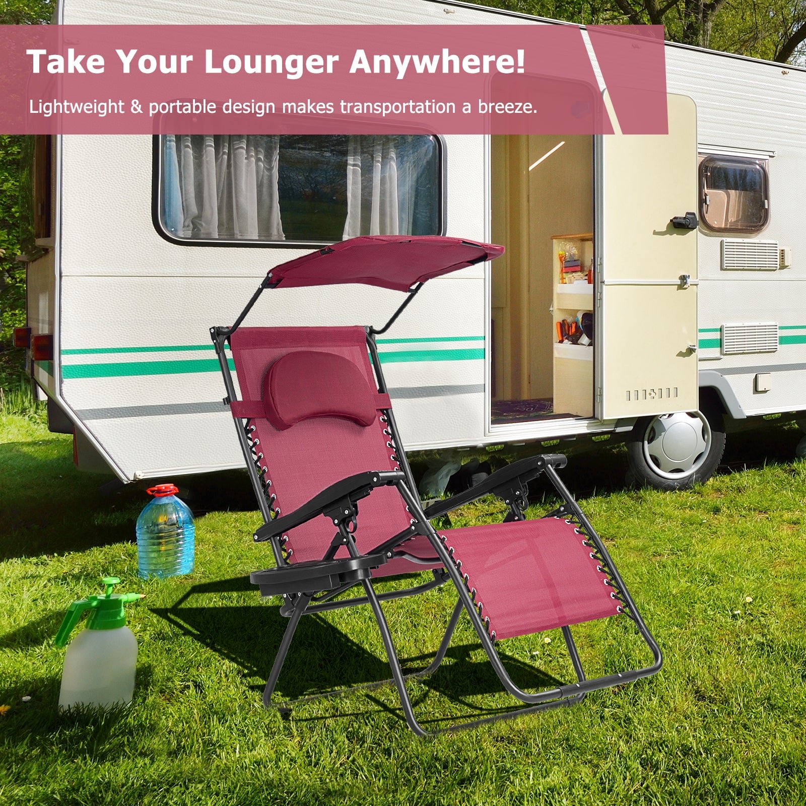 Folding Recliner Lounge Chair w/ Shade Canopy Cup Holder-WineÂ