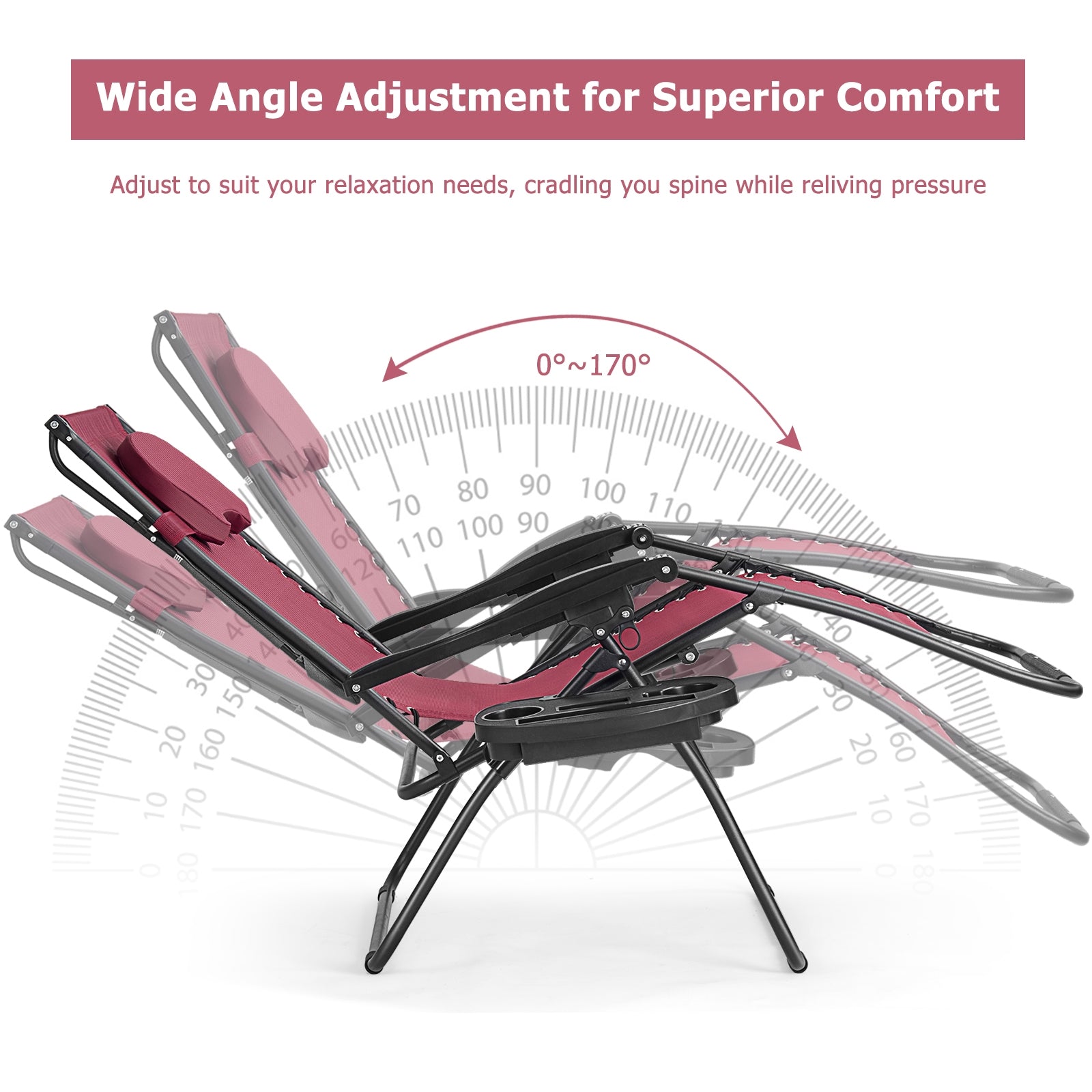Folding Recliner Lounge Chair w/ Shade Canopy Cup Holder-WineÂ