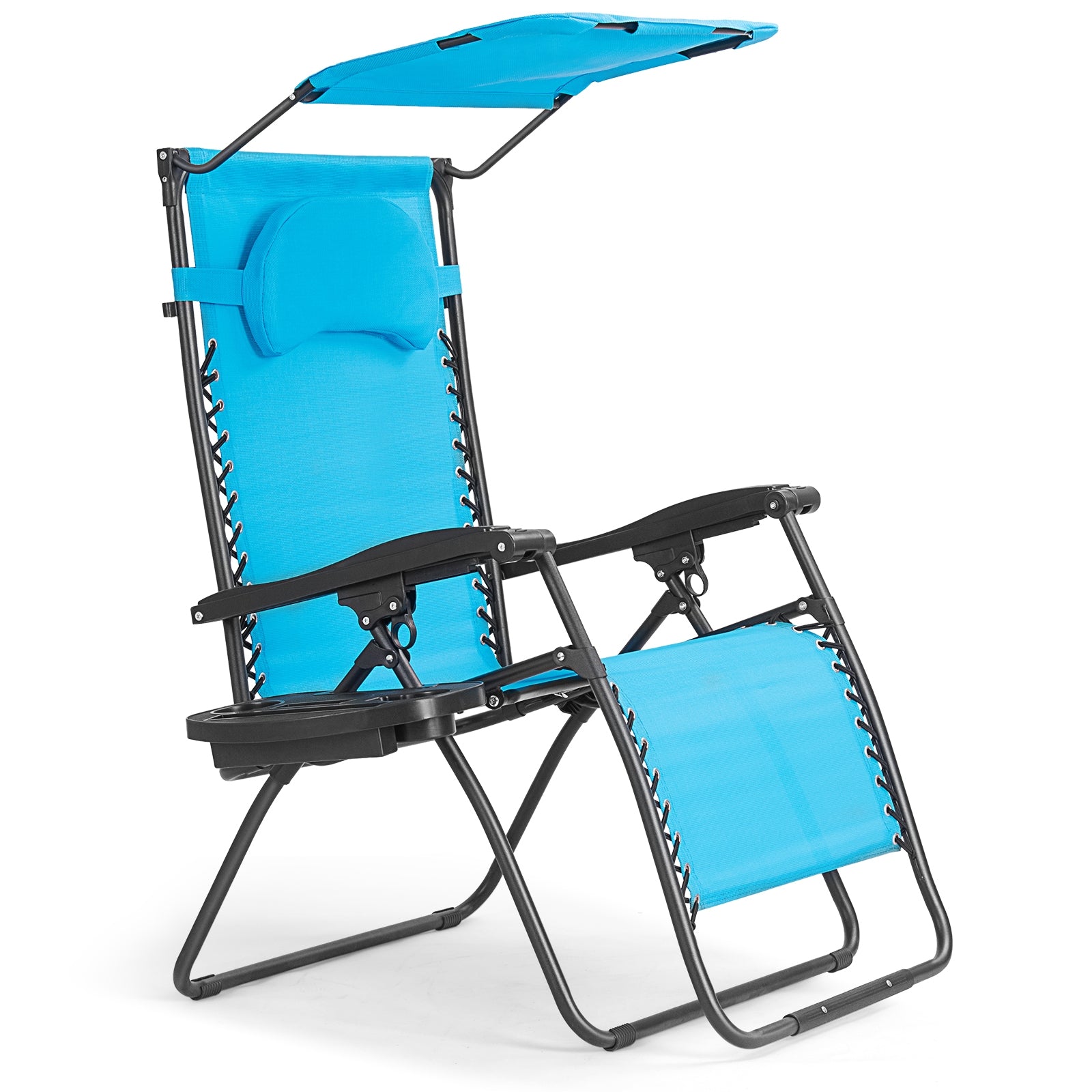 Folding Recliner Lounge Chair w/ Shade Canopy Cup Holder-BlueÂ