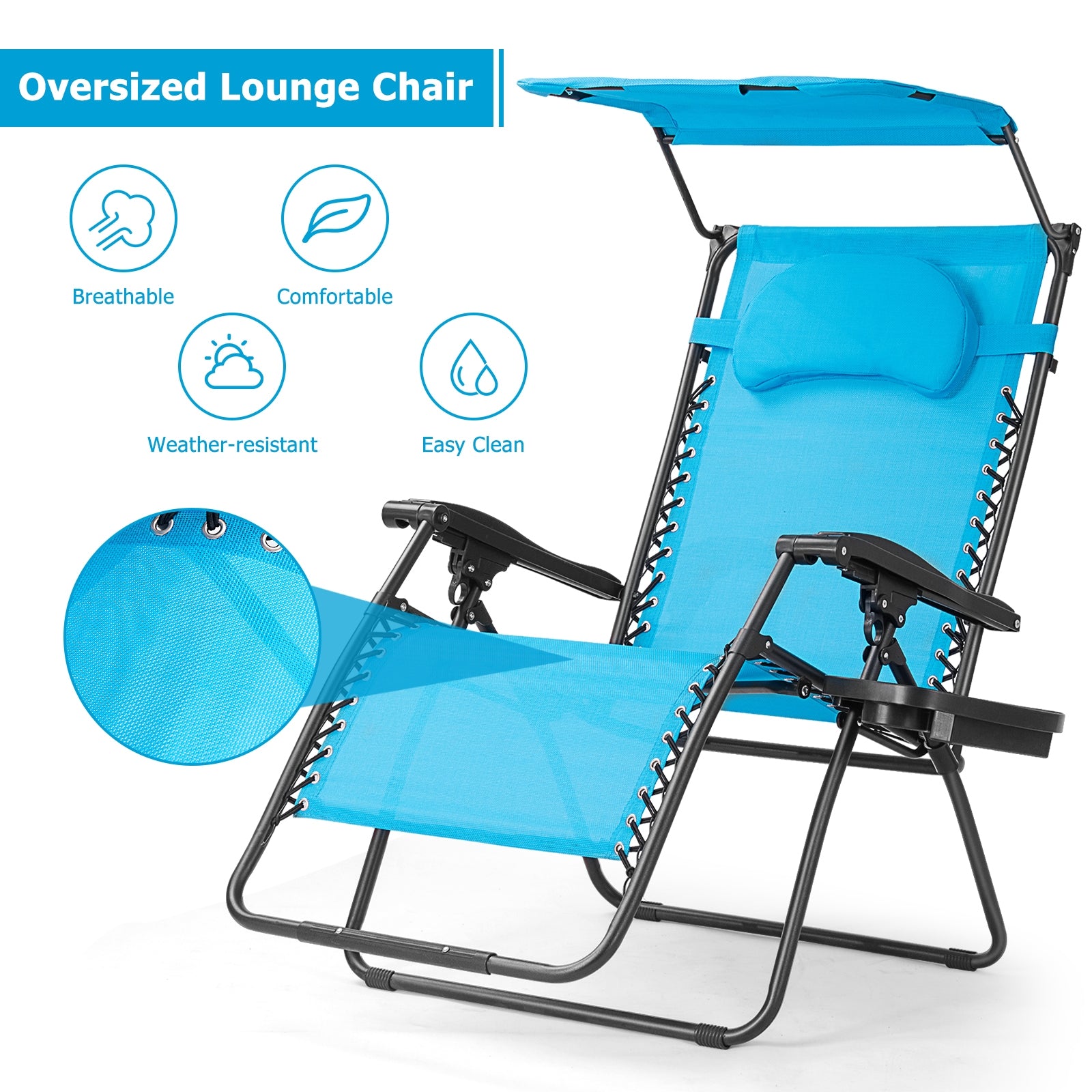Folding Recliner Lounge Chair w/ Shade Canopy Cup Holder-BlueÂ
