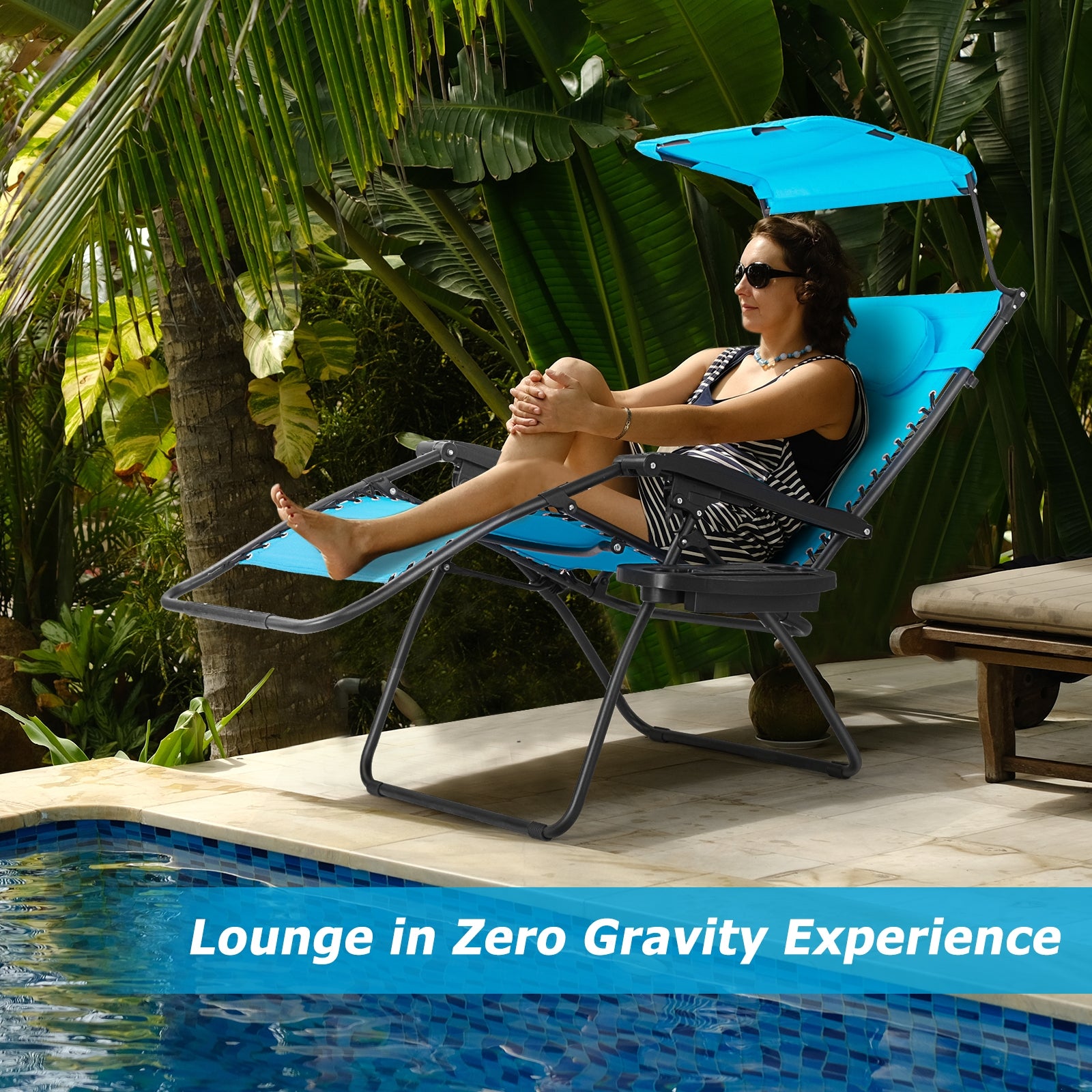 Folding Recliner Lounge Chair w/ Shade Canopy Cup Holder-BlueÂ