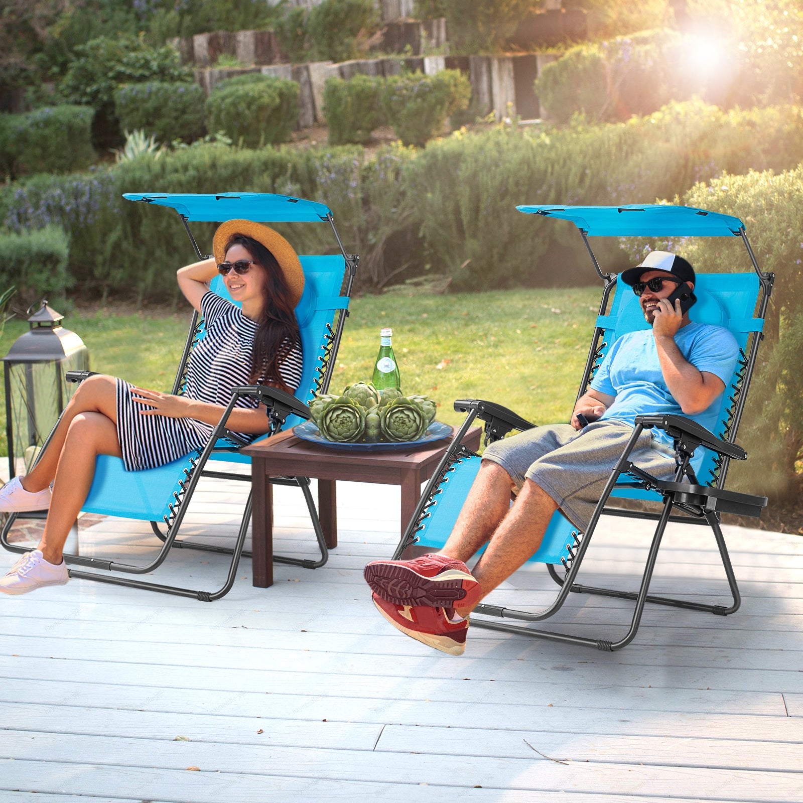 Folding Recliner Lounge Chair w/ Shade Canopy Cup Holder-BlueÂ