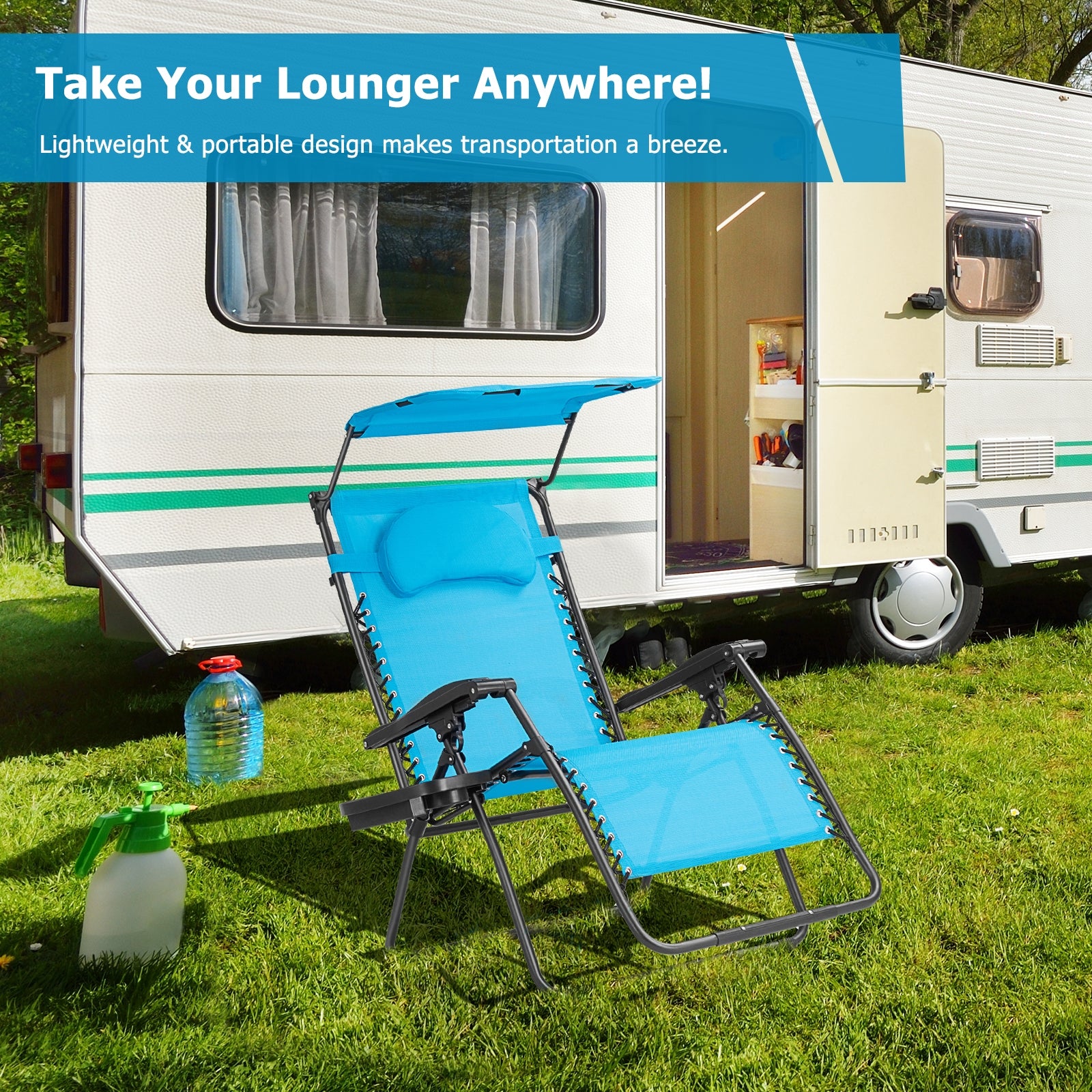 Folding Recliner Lounge Chair w/ Shade Canopy Cup Holder-BlueÂ