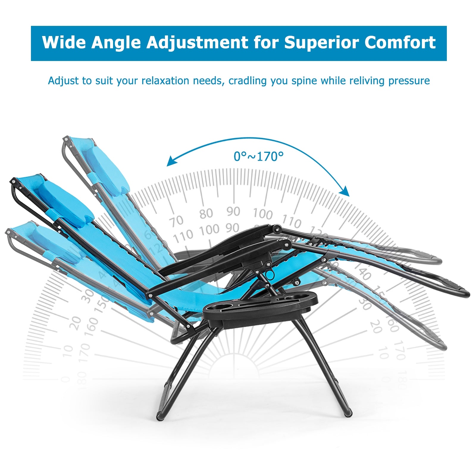 Folding Recliner Lounge Chair w/ Shade Canopy Cup Holder-BlueÂ