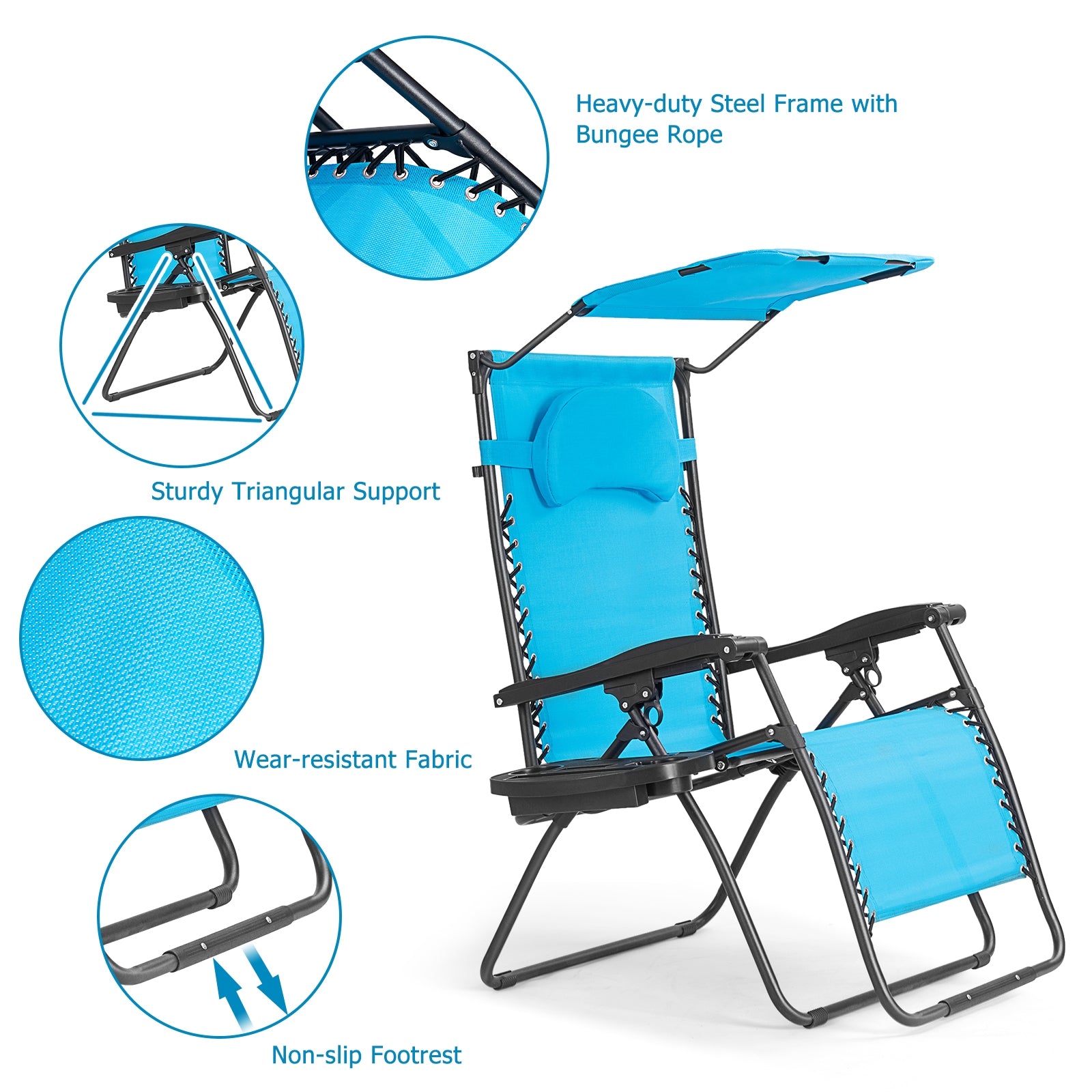 Folding Recliner Lounge Chair w/ Shade Canopy Cup Holder-BlueÂ