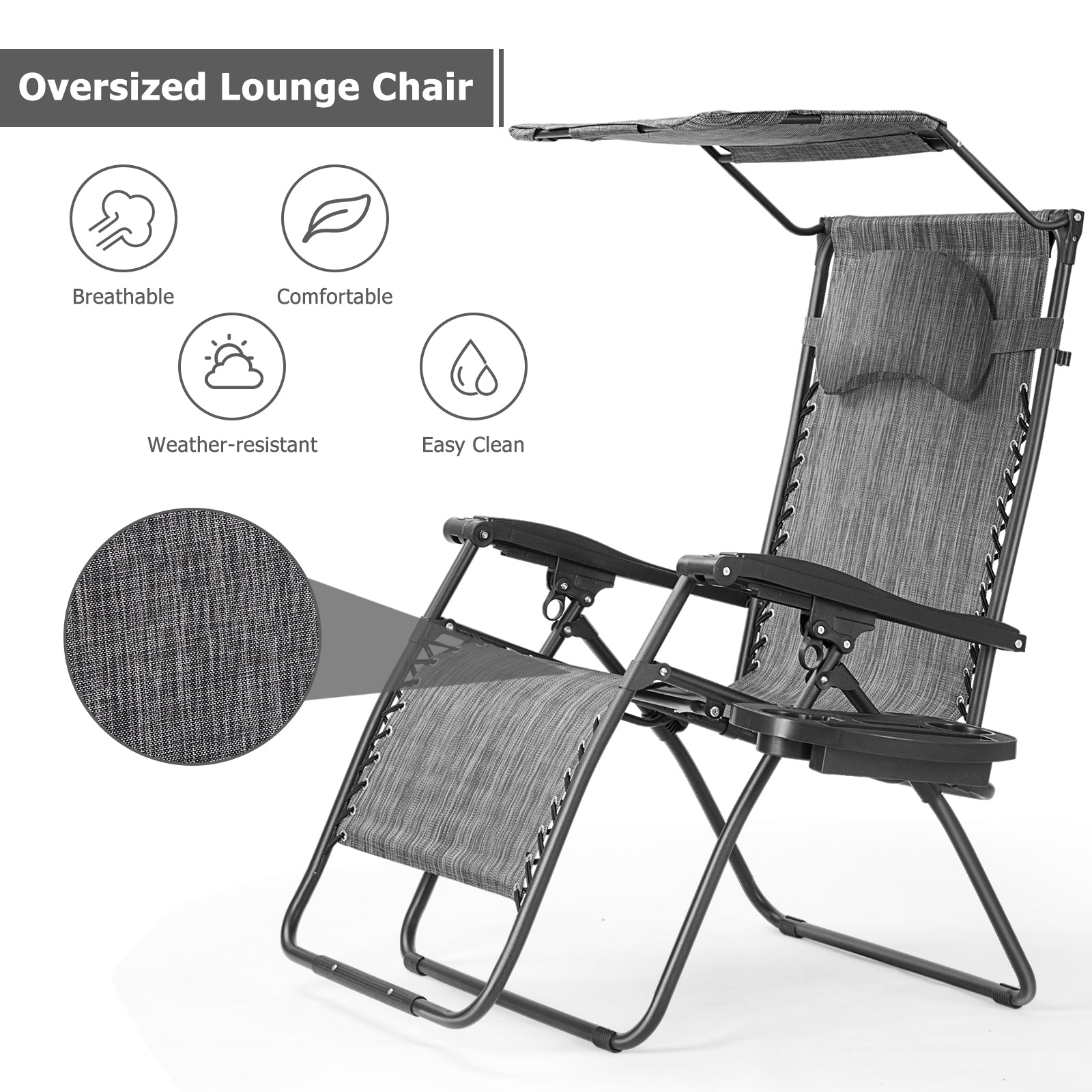 Folding Recliner Lounge Chair w/ Shade Canopy Cup Holder-GrayÂ