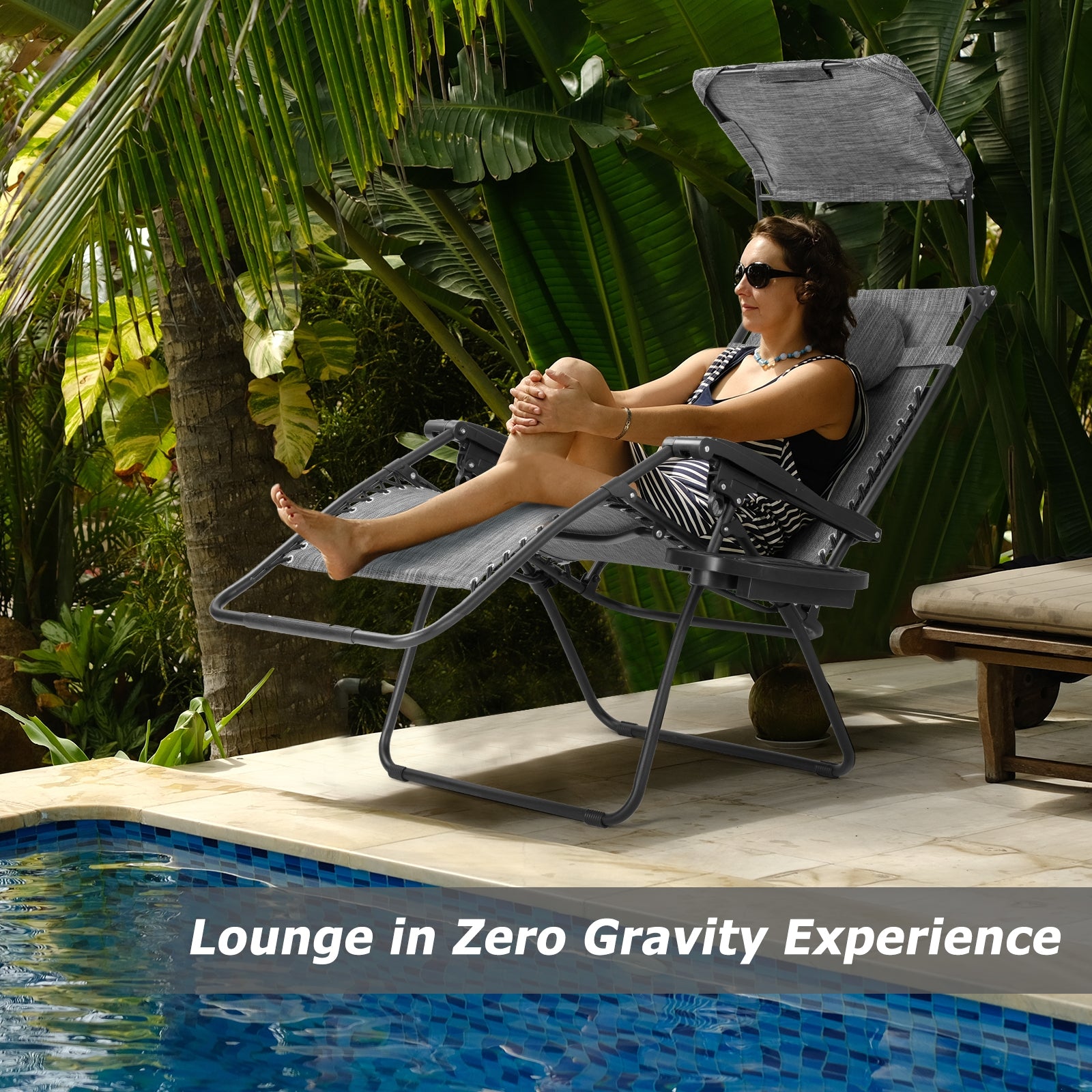 Folding Recliner Lounge Chair w/ Shade Canopy Cup Holder-GrayÂ
