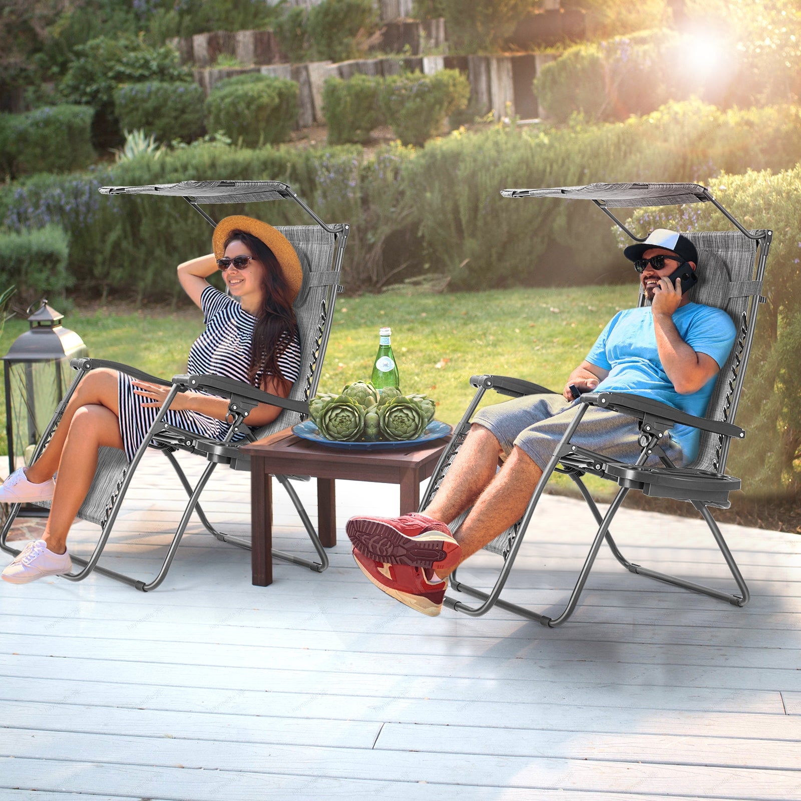 Folding Recliner Lounge Chair w/ Shade Canopy Cup Holder-GrayÂ