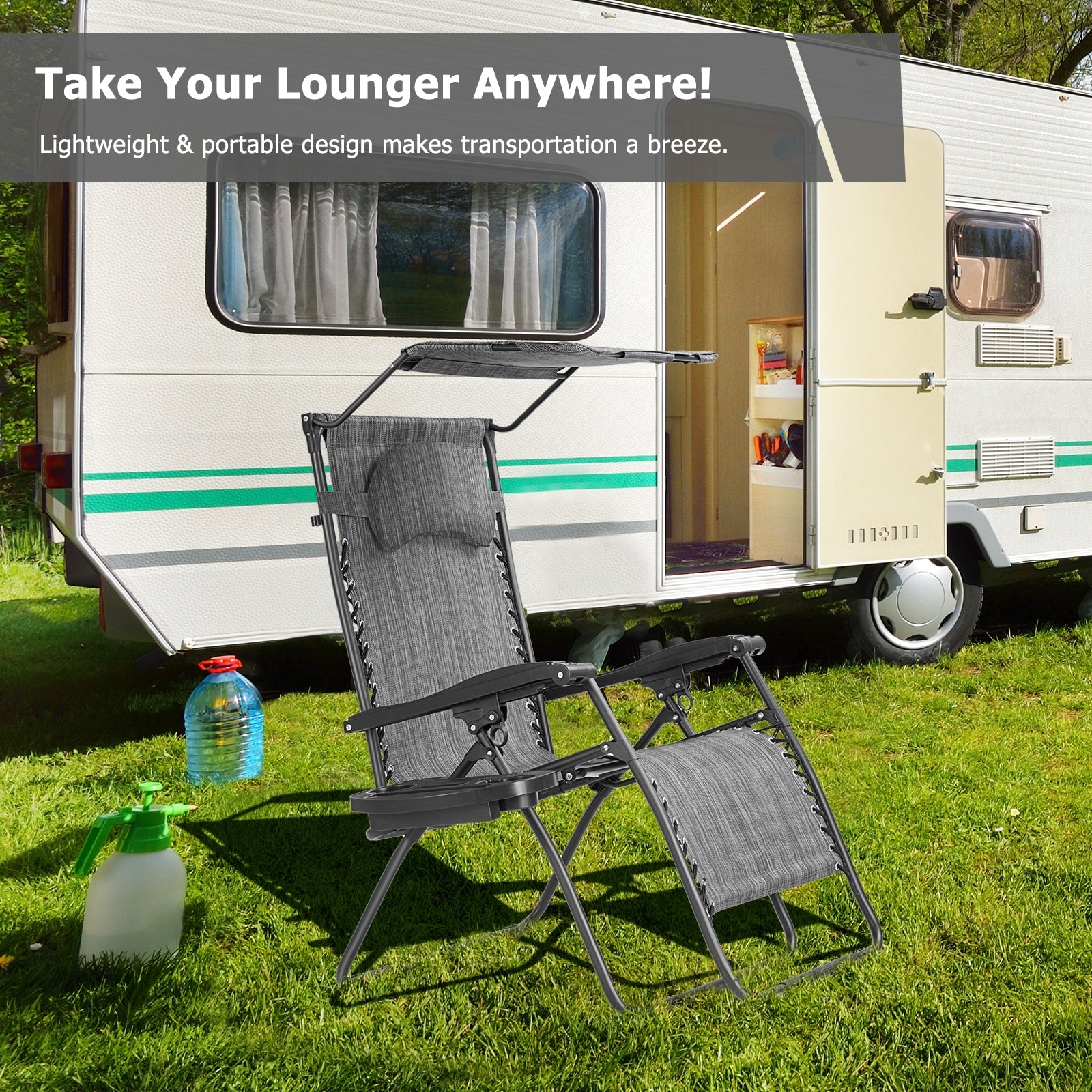 Folding Recliner Lounge Chair w/ Shade Canopy Cup Holder-GrayÂ