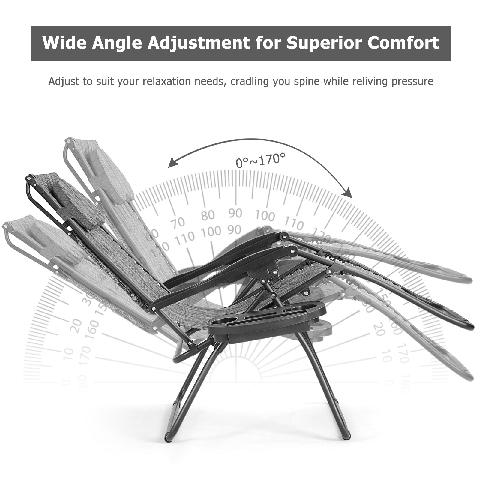 Folding Recliner Lounge Chair w/ Shade Canopy Cup Holder-GrayÂ