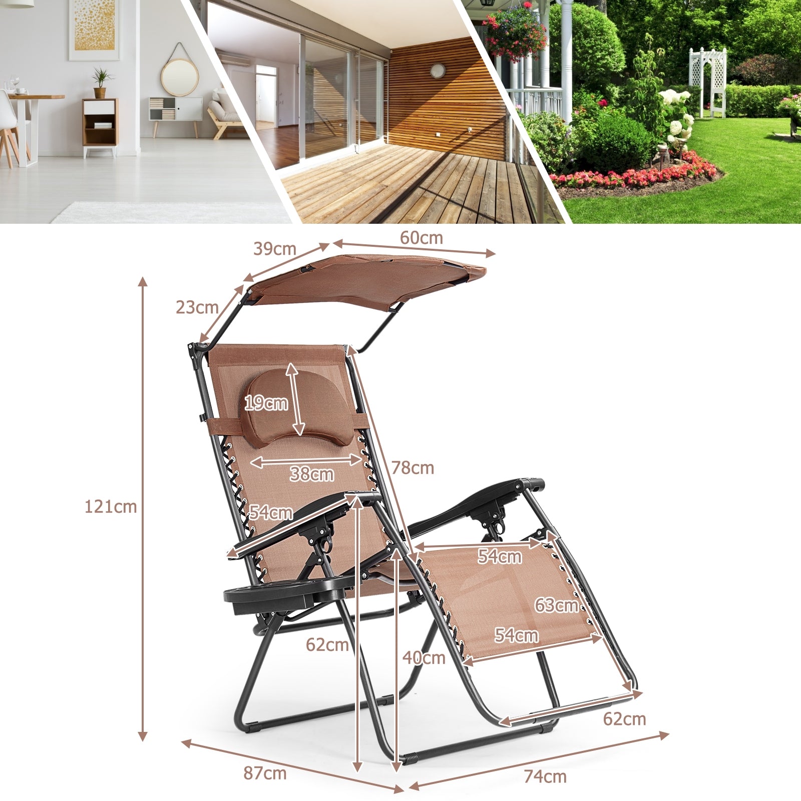 Folding Recliner Lounge Chair w/ Shade Canopy Cup Holder-CoffeeÂ
