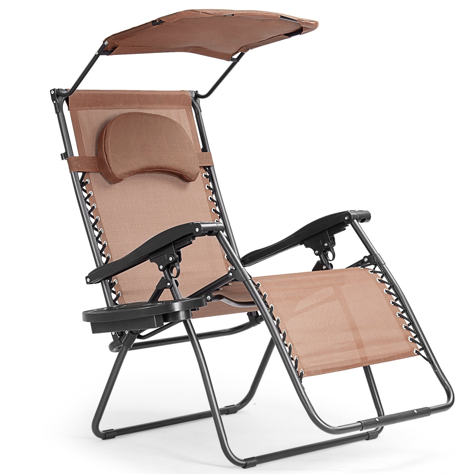 Folding Recliner Lounge Chair w/ Shade Canopy Cup Holder-CoffeeÂ