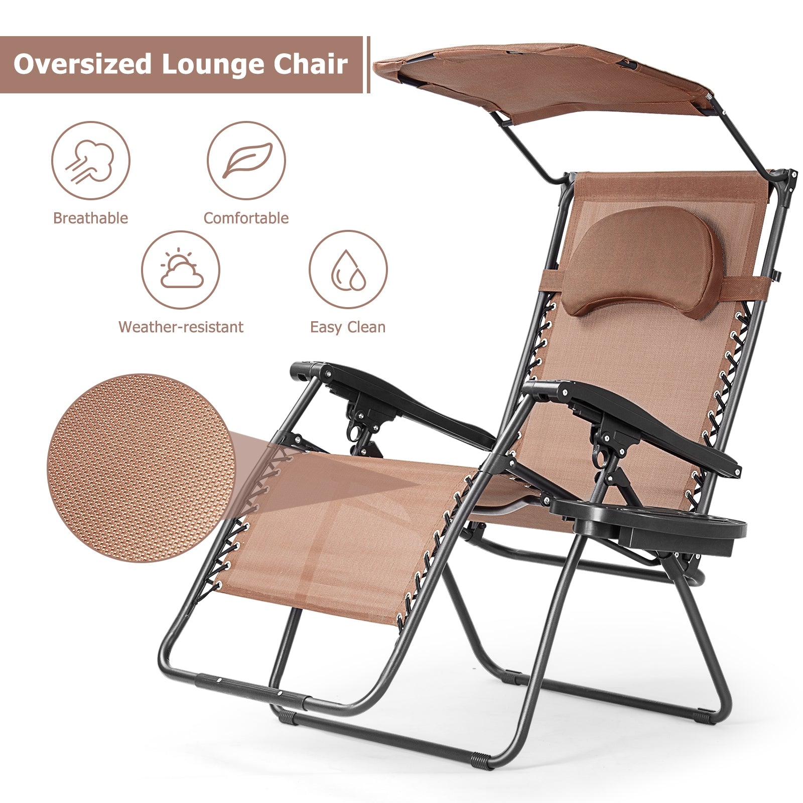 Folding Recliner Lounge Chair w/ Shade Canopy Cup Holder-CoffeeÂ