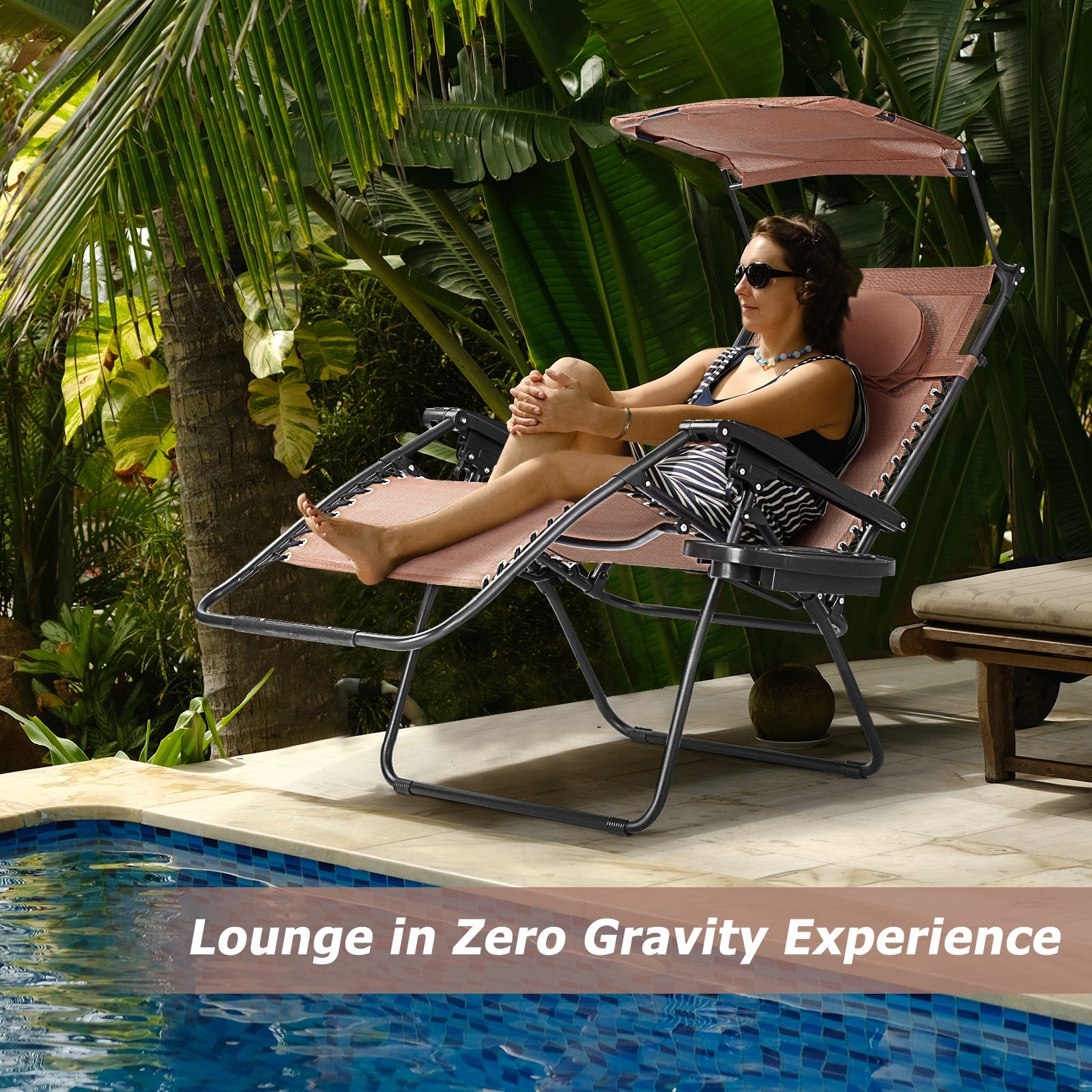 Folding Recliner Lounge Chair w/ Shade Canopy Cup Holder-CoffeeÂ