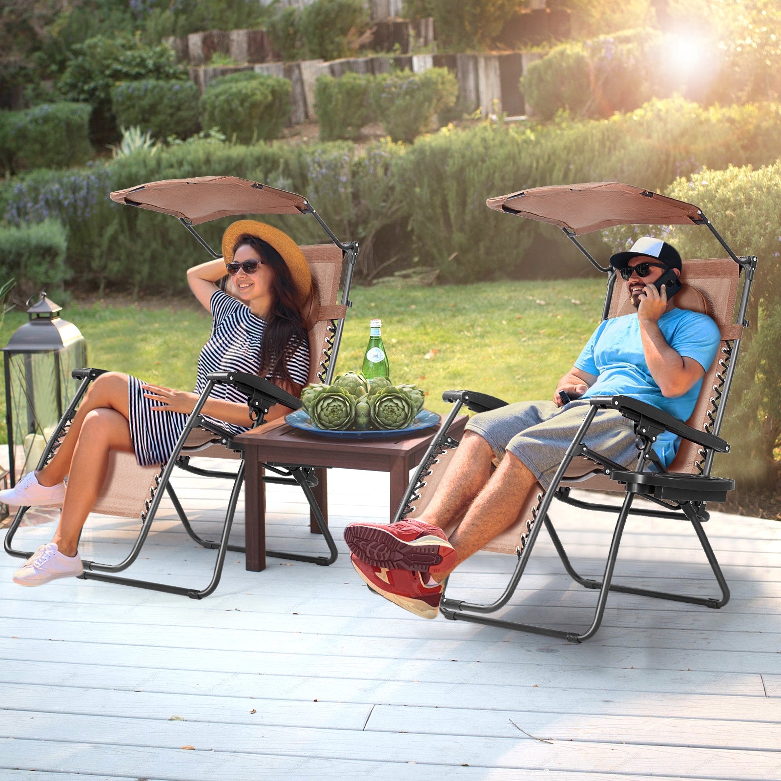 Folding Recliner Lounge Chair w/ Shade Canopy Cup Holder-CoffeeÂ