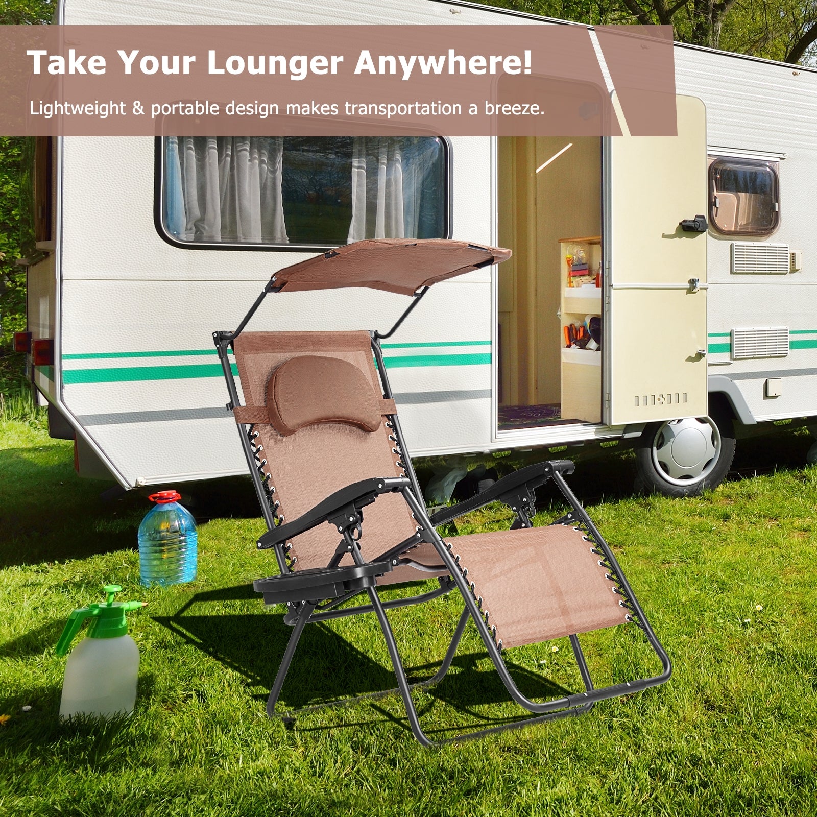 Folding Recliner Lounge Chair w/ Shade Canopy Cup Holder-CoffeeÂ