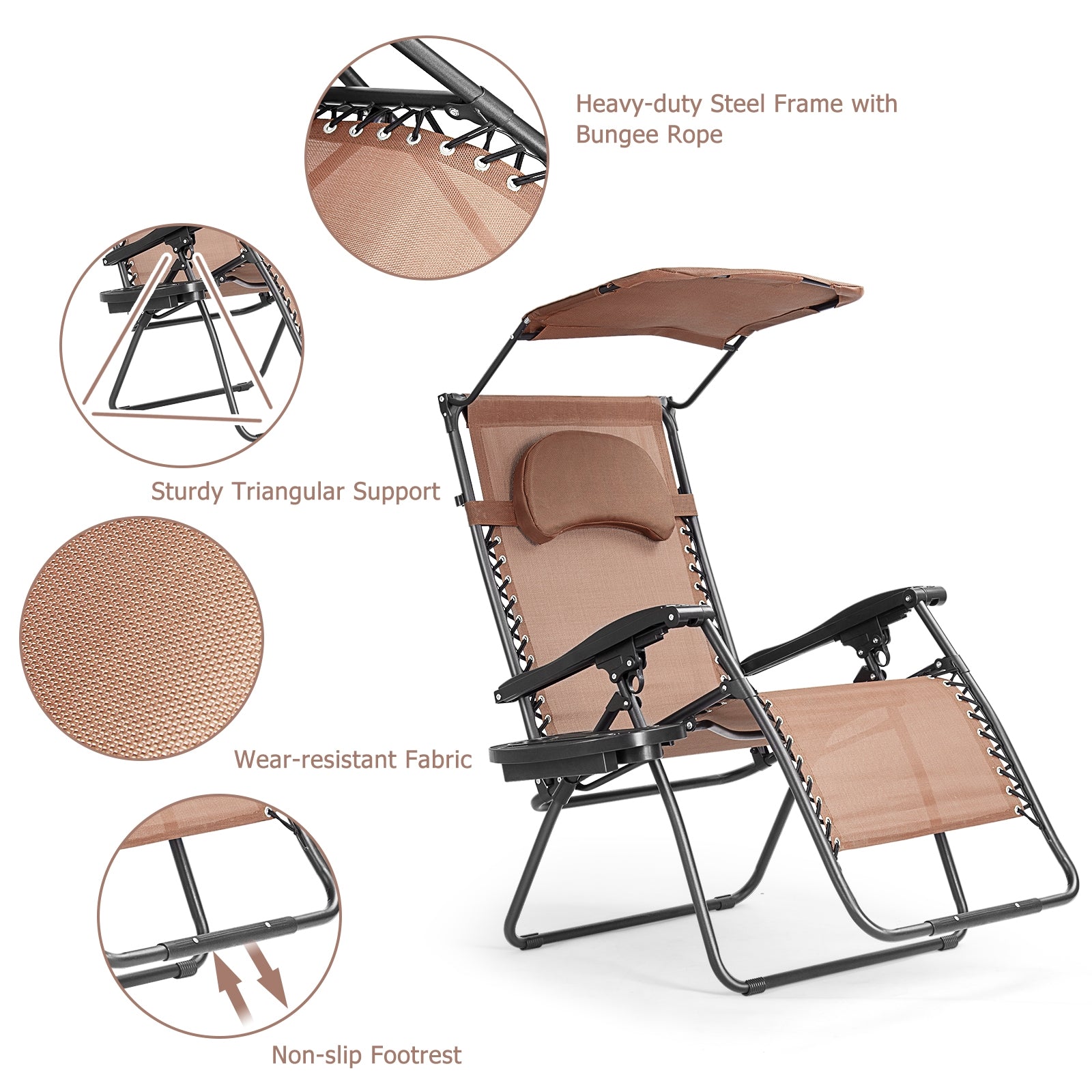 Folding Recliner Lounge Chair w/ Shade Canopy Cup Holder-CoffeeÂ