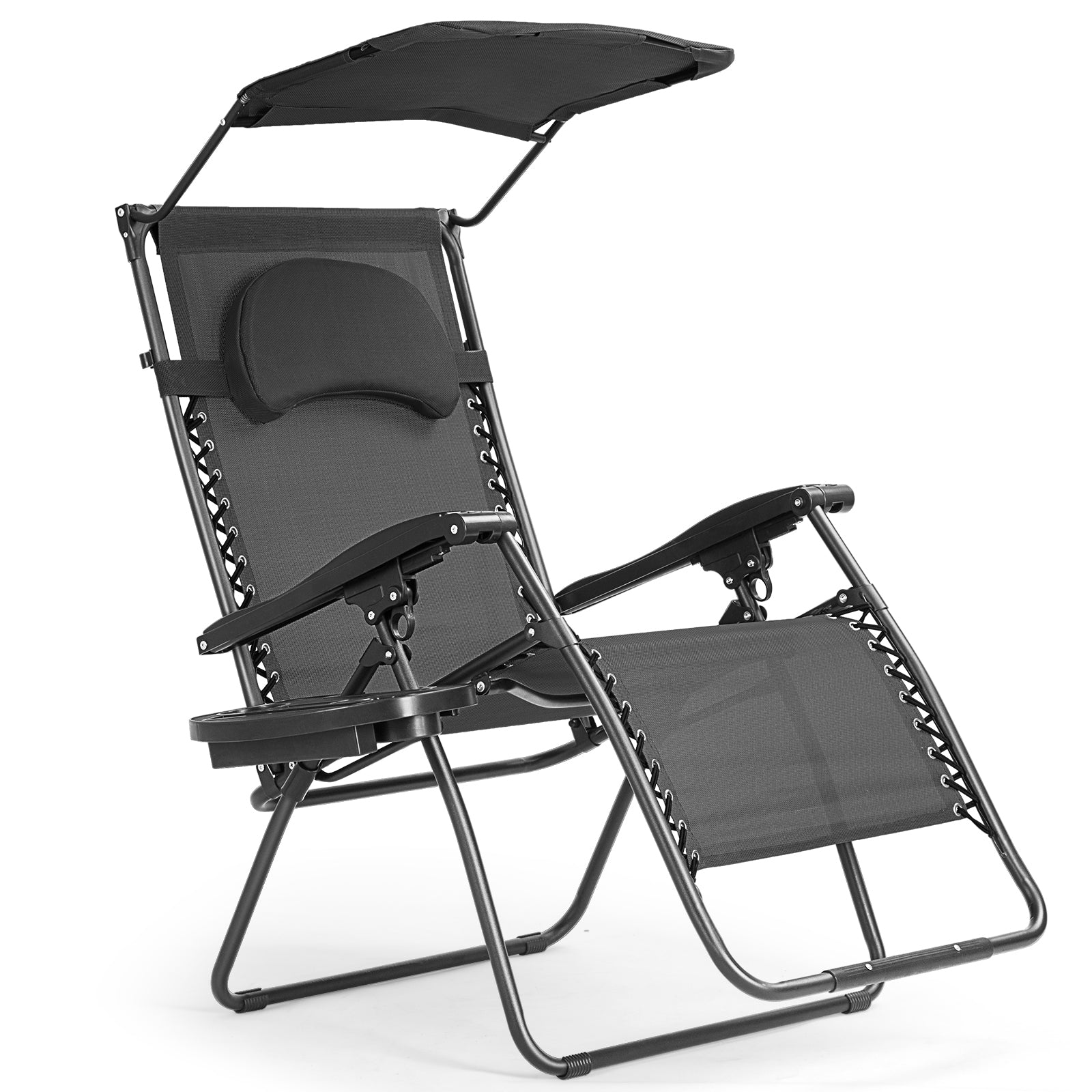 Folding Recliner Lounge Chair w/ Shade Canopy Cup Holder-BlackÂ