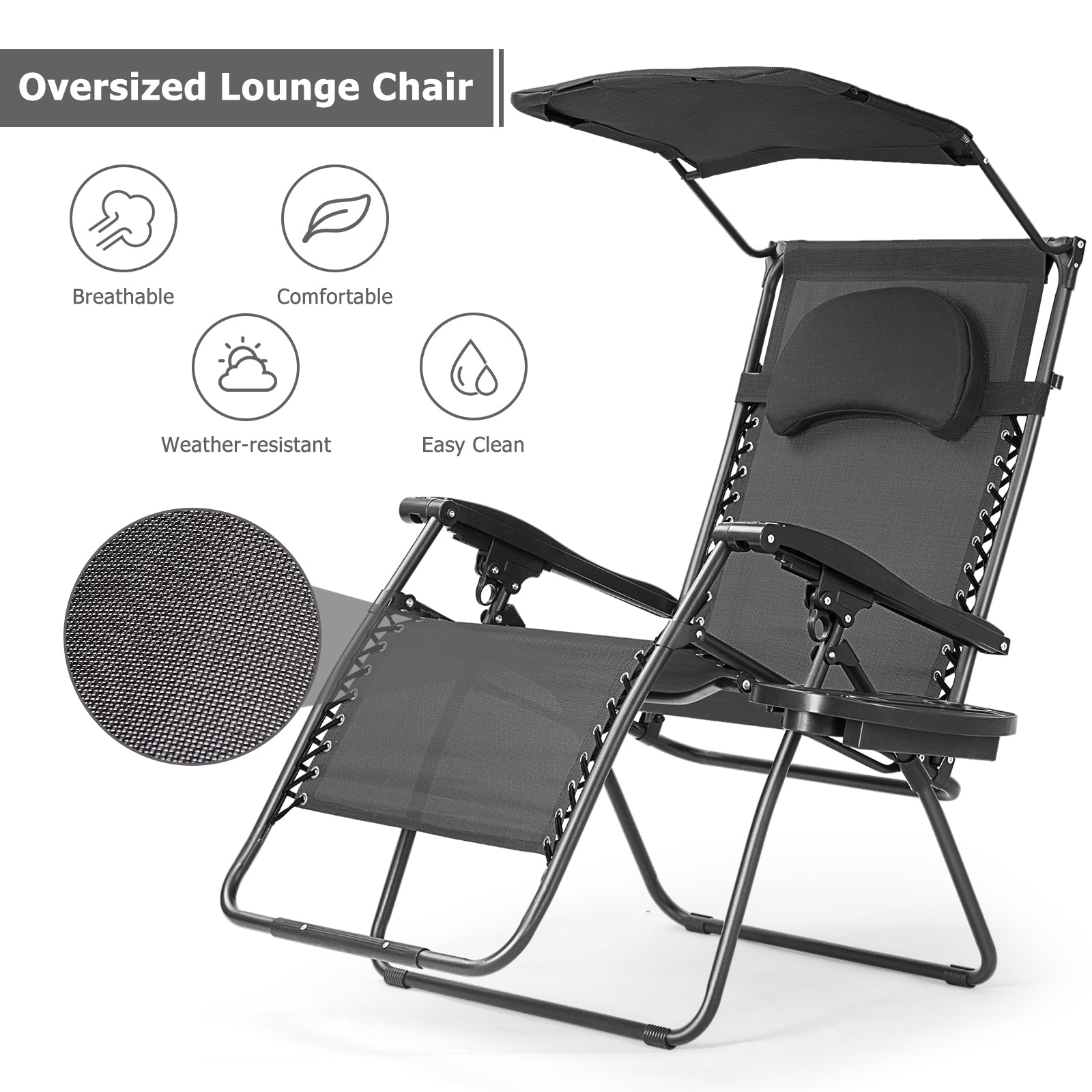 Folding Recliner Lounge Chair w/ Shade Canopy Cup Holder-BlackÂ
