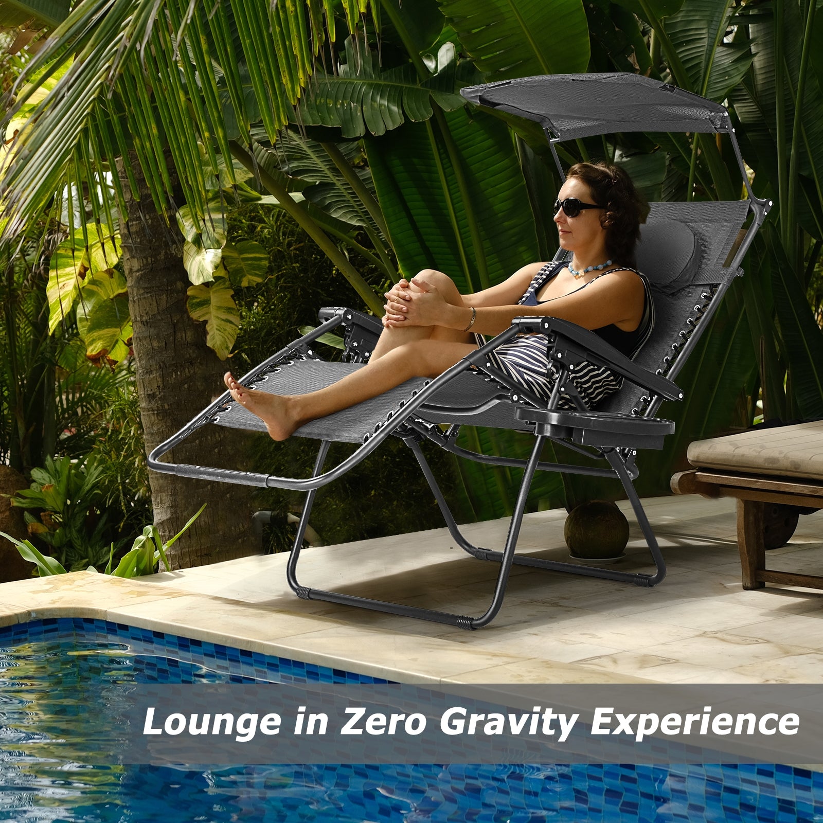 Folding Recliner Lounge Chair w/ Shade Canopy Cup Holder-BlackÂ