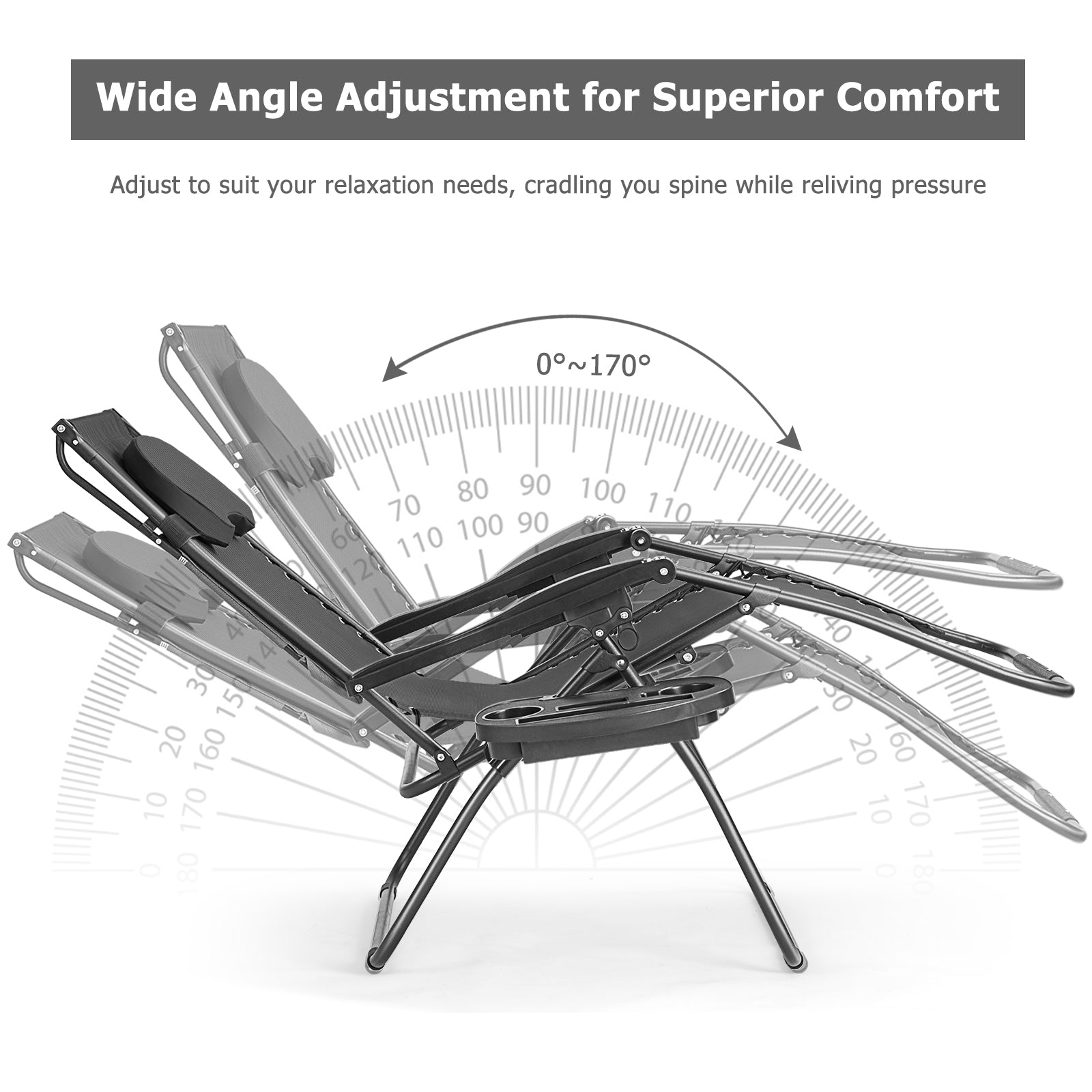 Folding Recliner Lounge Chair w/ Shade Canopy Cup Holder-BlackÂ