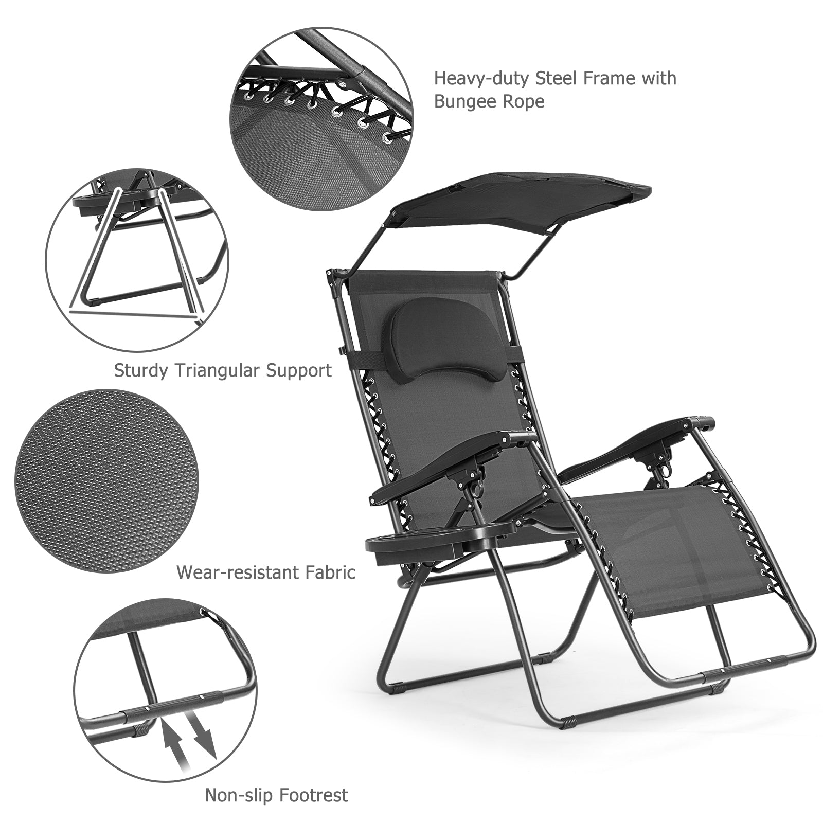 Folding Recliner Lounge Chair w/ Shade Canopy Cup Holder-BlackÂ