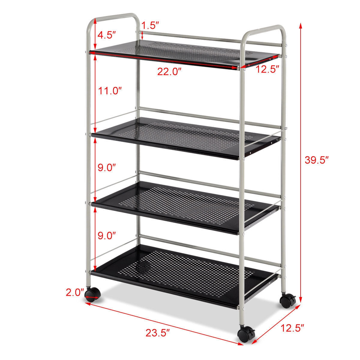4 Tiers Rolling Storage Cart Utility Trolley-23.5 InchÂ